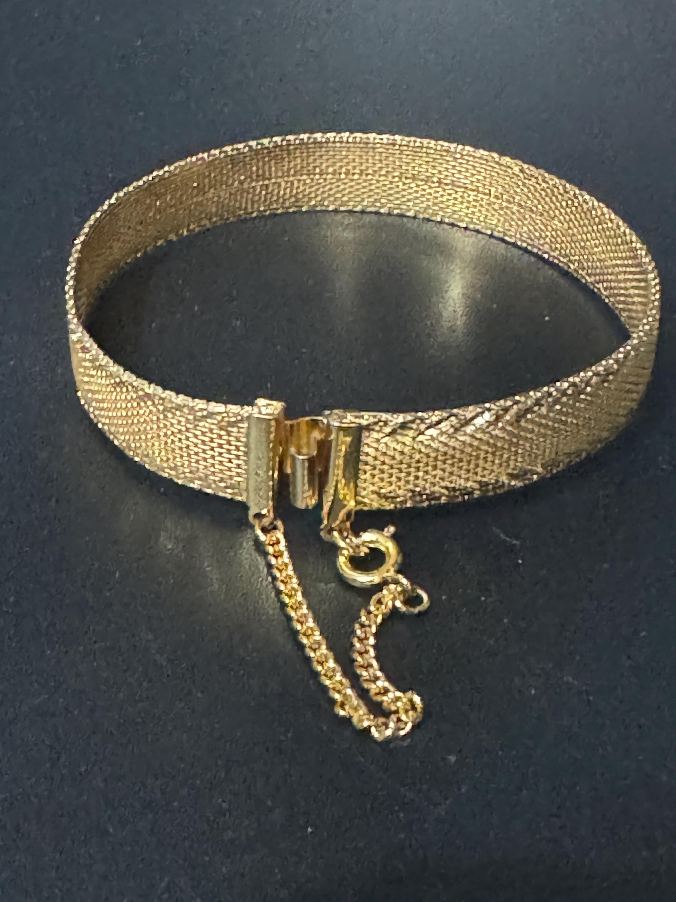 True Vintage pristine gold plated wide mesh flat link bangle bracelet 18.5 x 12mm old shop stock