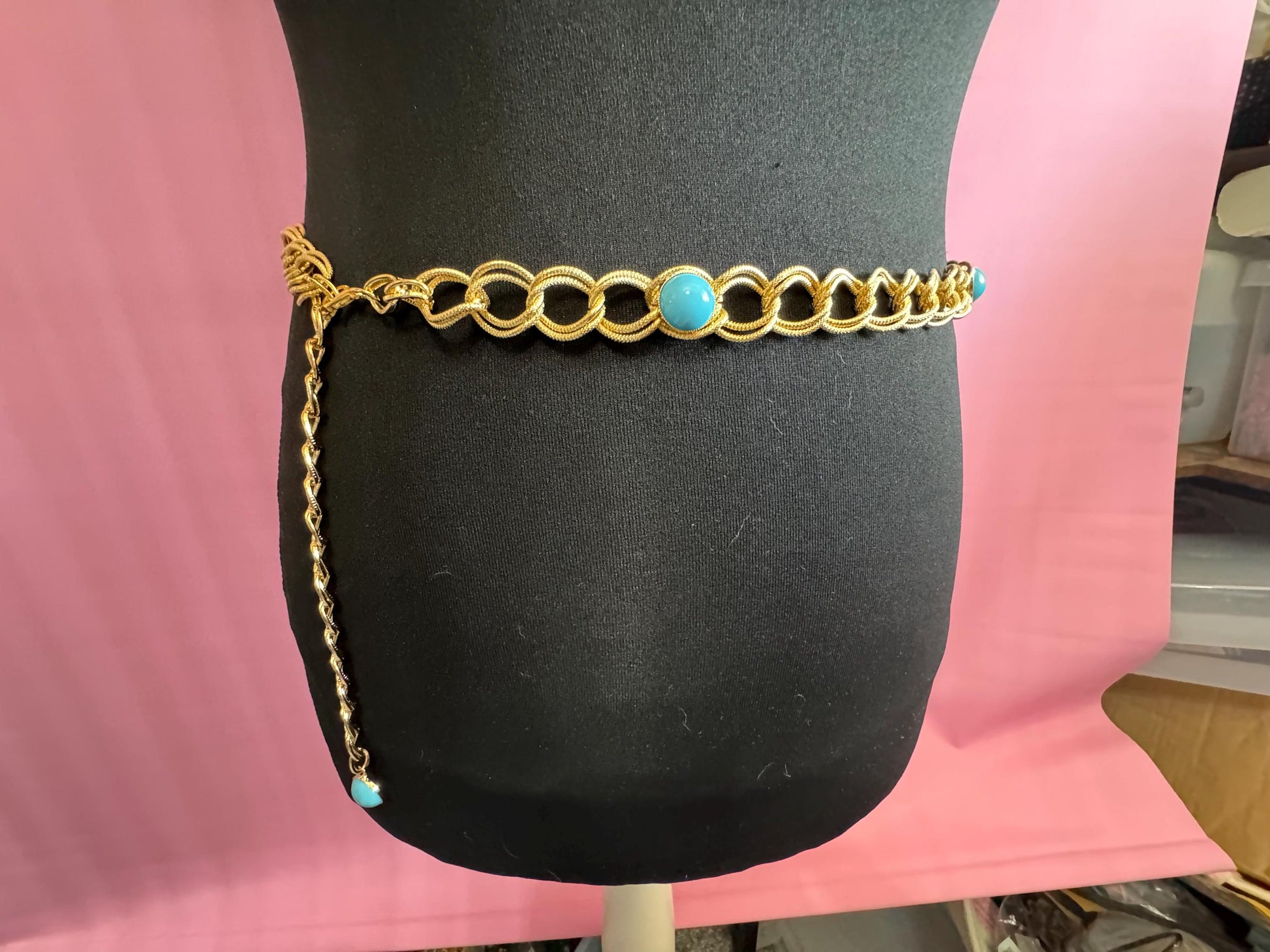 Vintage GOLD chain belt and matching jewellery set with turquoise Austrian cabochons 1970s old shop stock