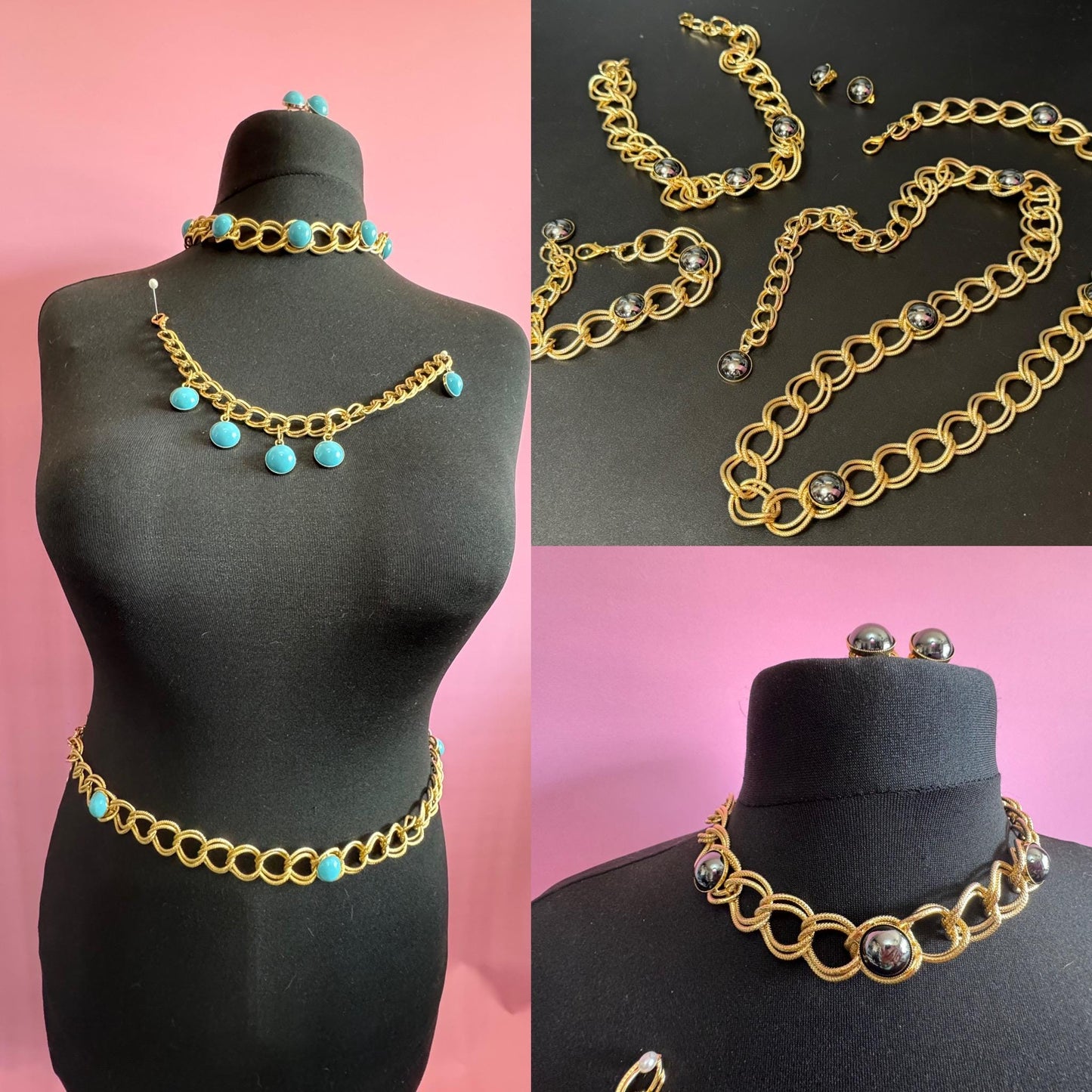 Vintage GOLD chain belt and matching jewellery set with grey pearl glass Austrian cabochons 1970s old shop stock