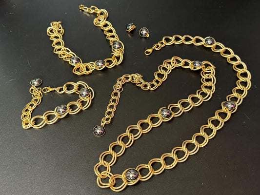 Vintage GOLD chain belt and matching jewellery set with grey pearl glass Austrian cabochons 1970s old shop stock