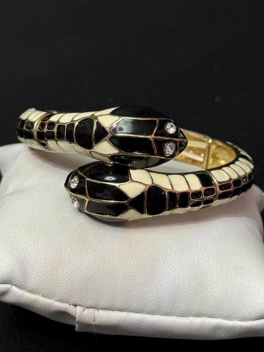 Black cream enamel snake bangle clear paste eyes stretch bracelet Vintage style gold tone rhinestone diamanté