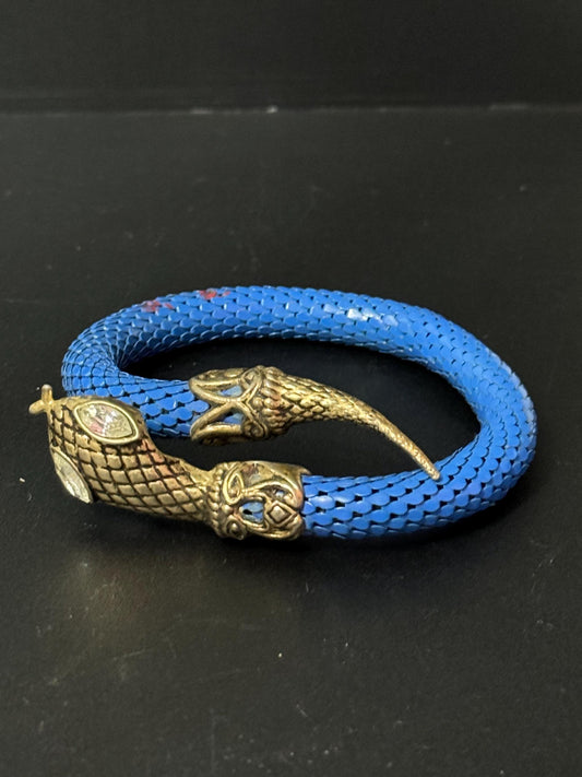 Blue mesh Snake bangle antique gold tone with clear crystal eyes retro