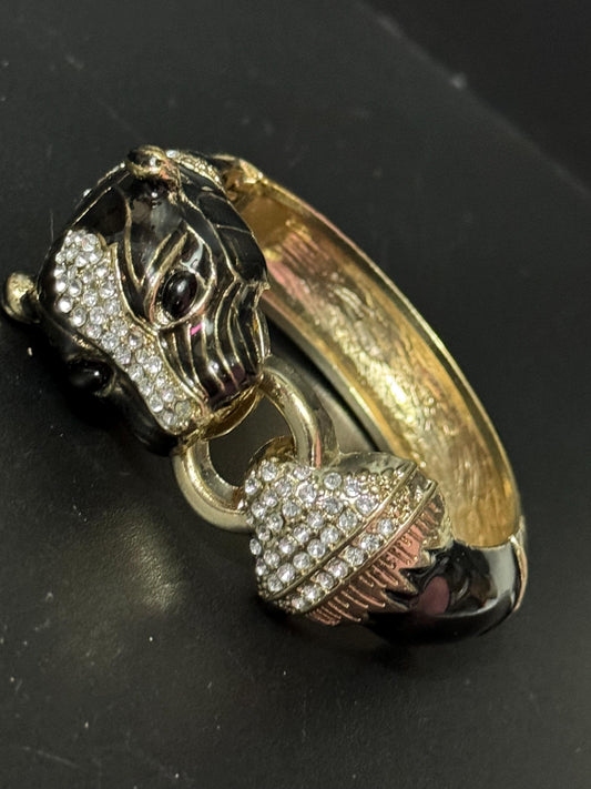 Black enamel BIG CAT diamanté clamper bangle hinged bracelet tiger panther gold tone chunky size