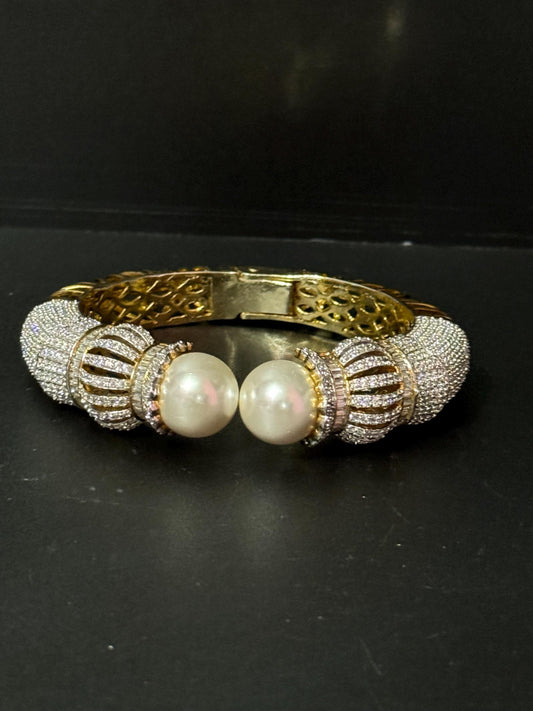 diamanté clamper bangle with faux glass pearl cabochon ball ends gold tone retro high end