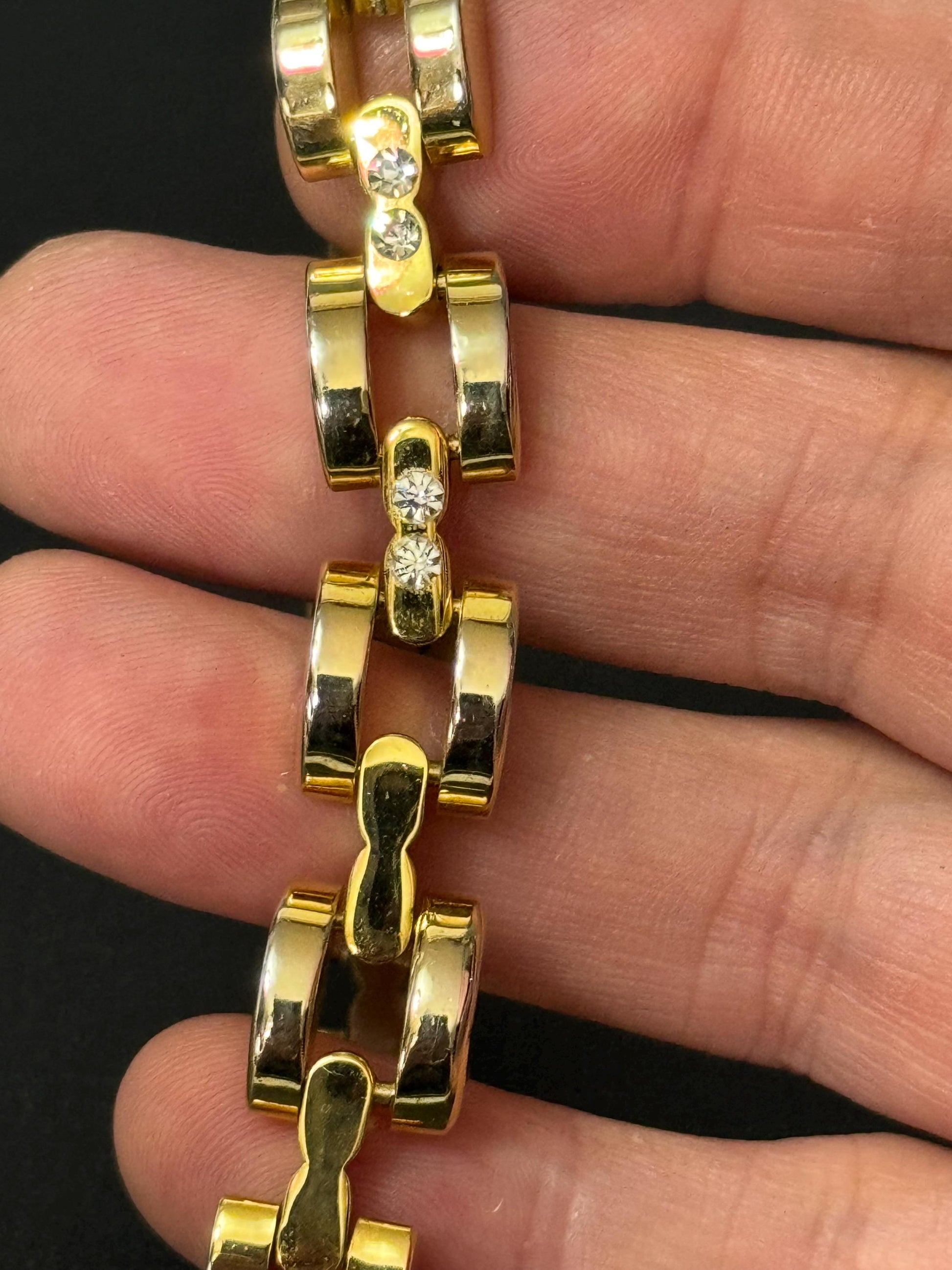 Crystal gold tone geometric panther brick chain link bracelet 19cm