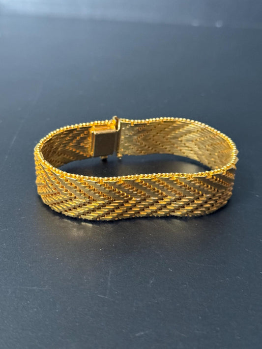 Signed CAL 1970s brutalist style gold plated woven gold tone flat weave cuff wrap bracelet 19 x 2cm