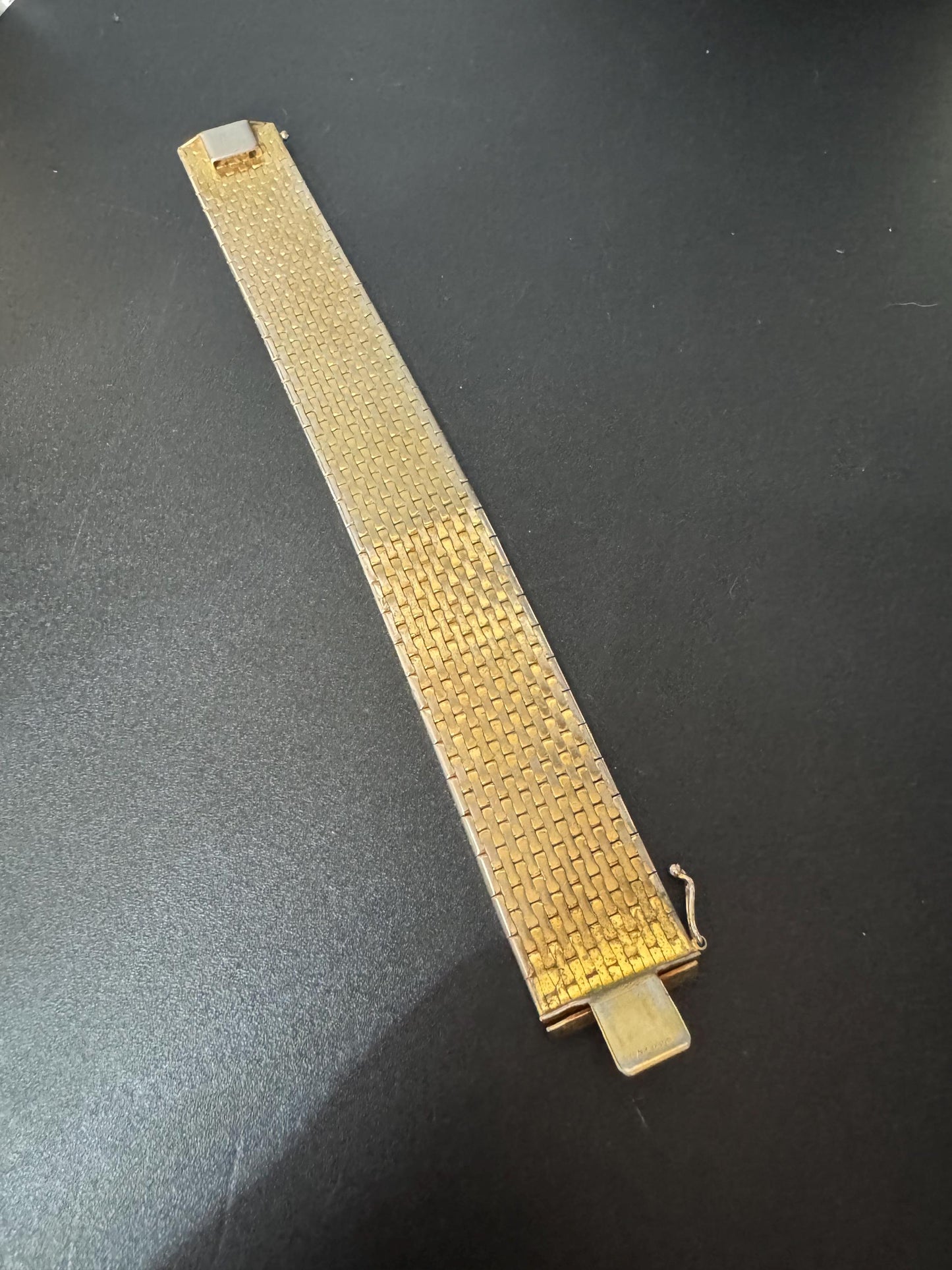 1970s articulated flat stamped Italy plaque gold plated cuff wrap bracelet 19.5cm long x 3cm Italian good condition