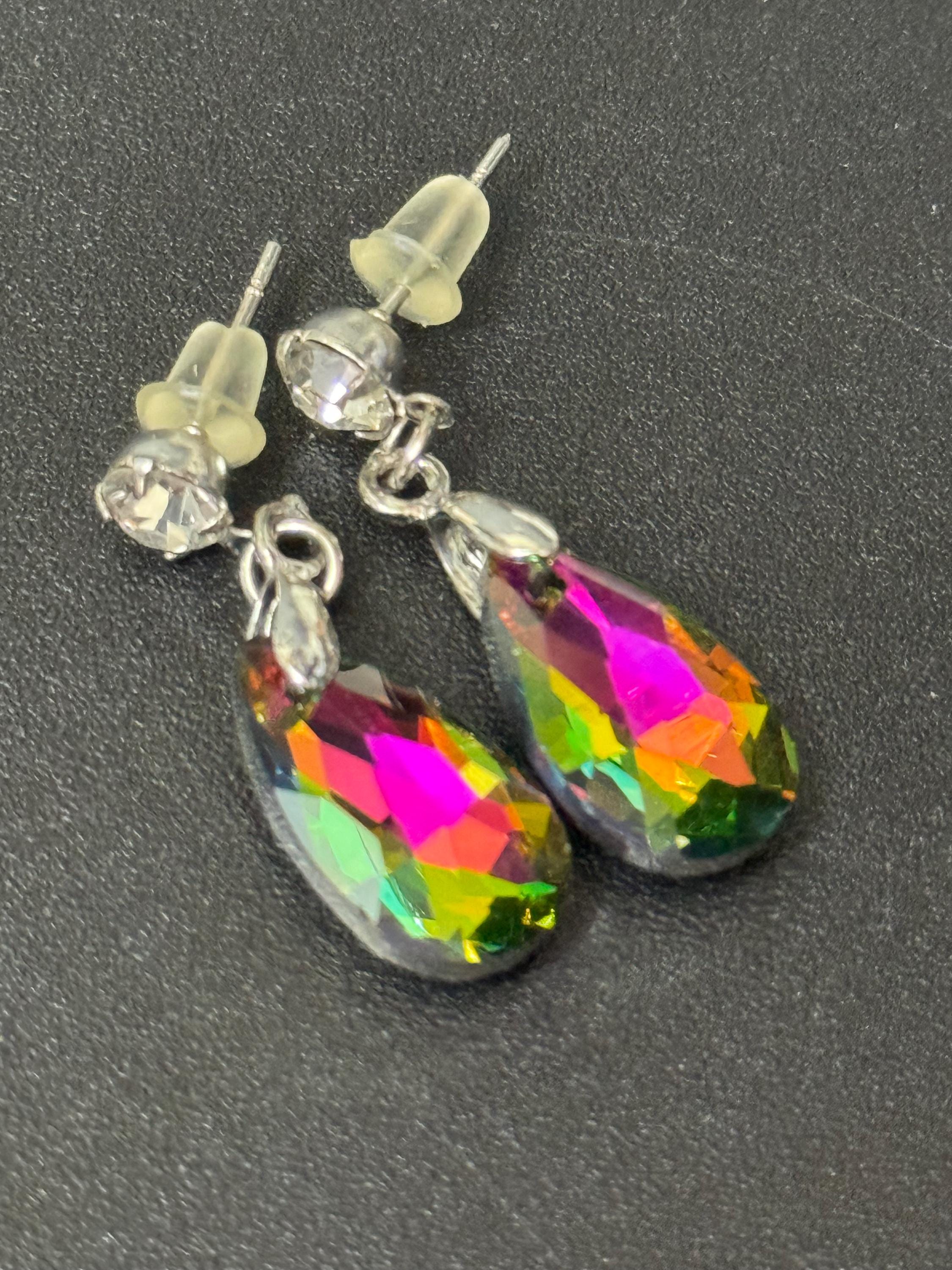 watermelon pink green glass Coloured Crystal diamanté teardrop dangly earrings retro unused shop stock pierced stainless steel