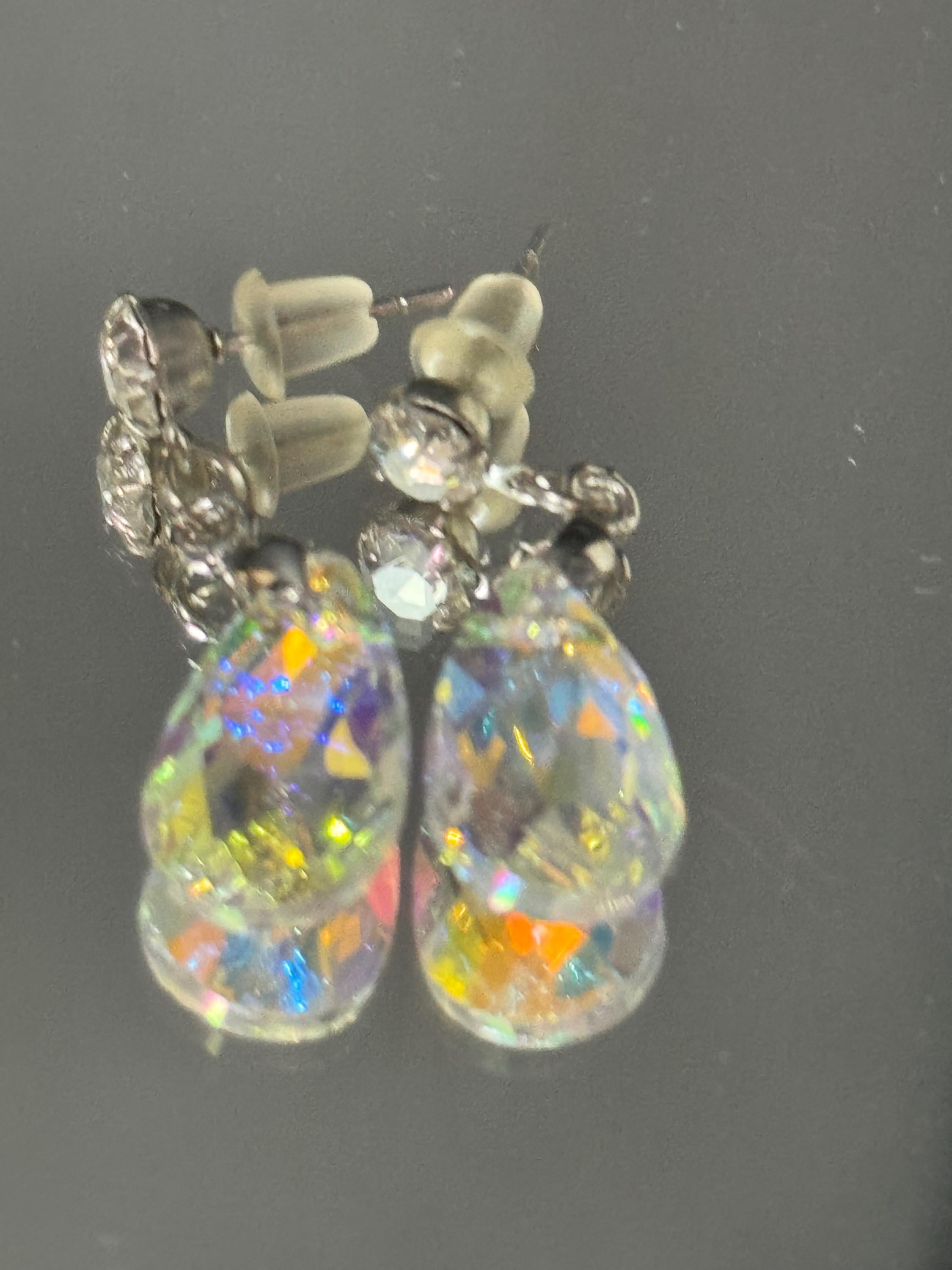 AB yellow Coloured Crystal diamanté teardrop dangly earrings retro unused shop stock pierced stainless steel