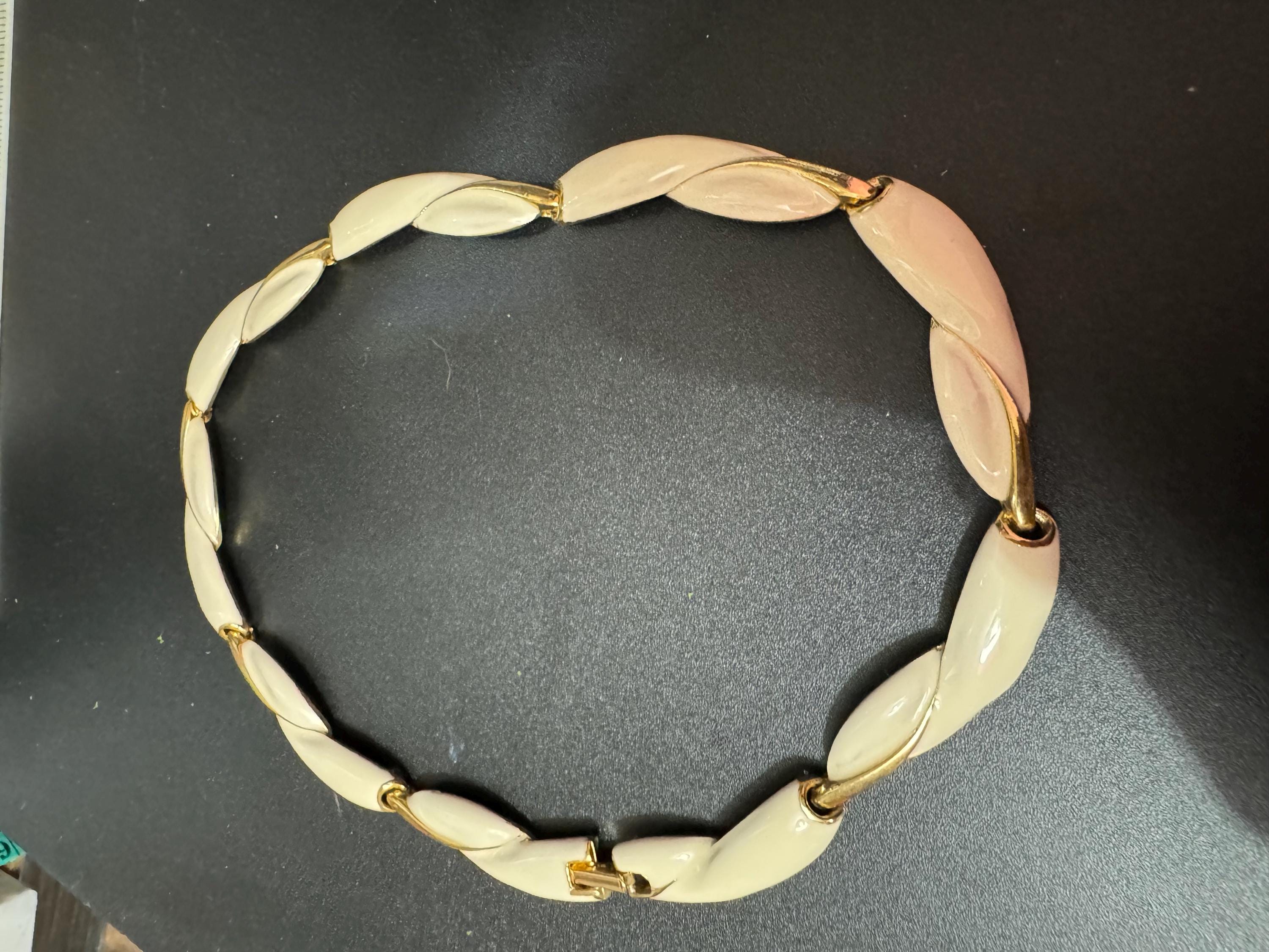 Vintage heavy gold tone and cream enamel panel link choker necklace 42cm