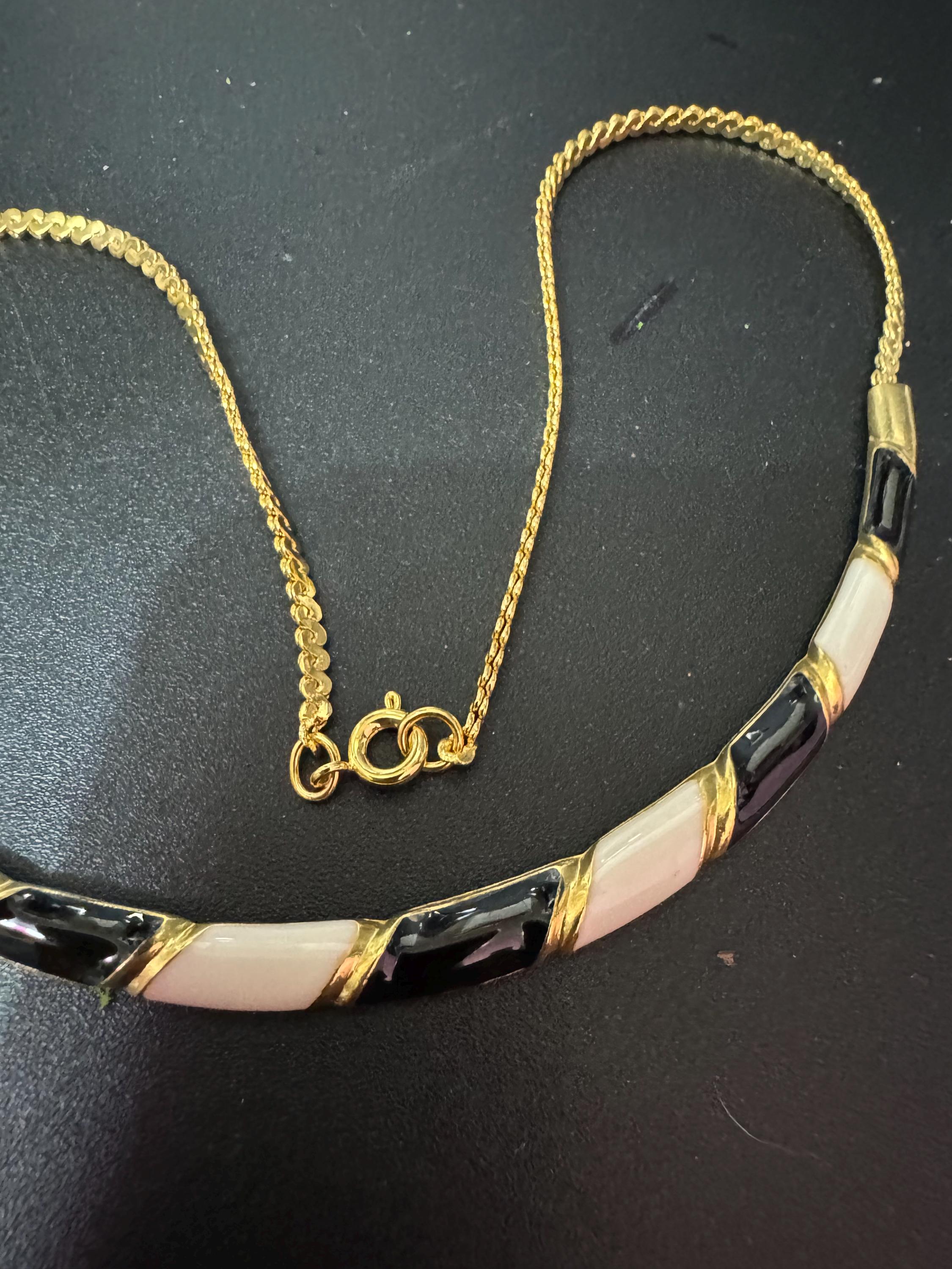 Petite slim neck Vintage gold tone black and cream enamel choker necklace 38.5cm serpentine chain