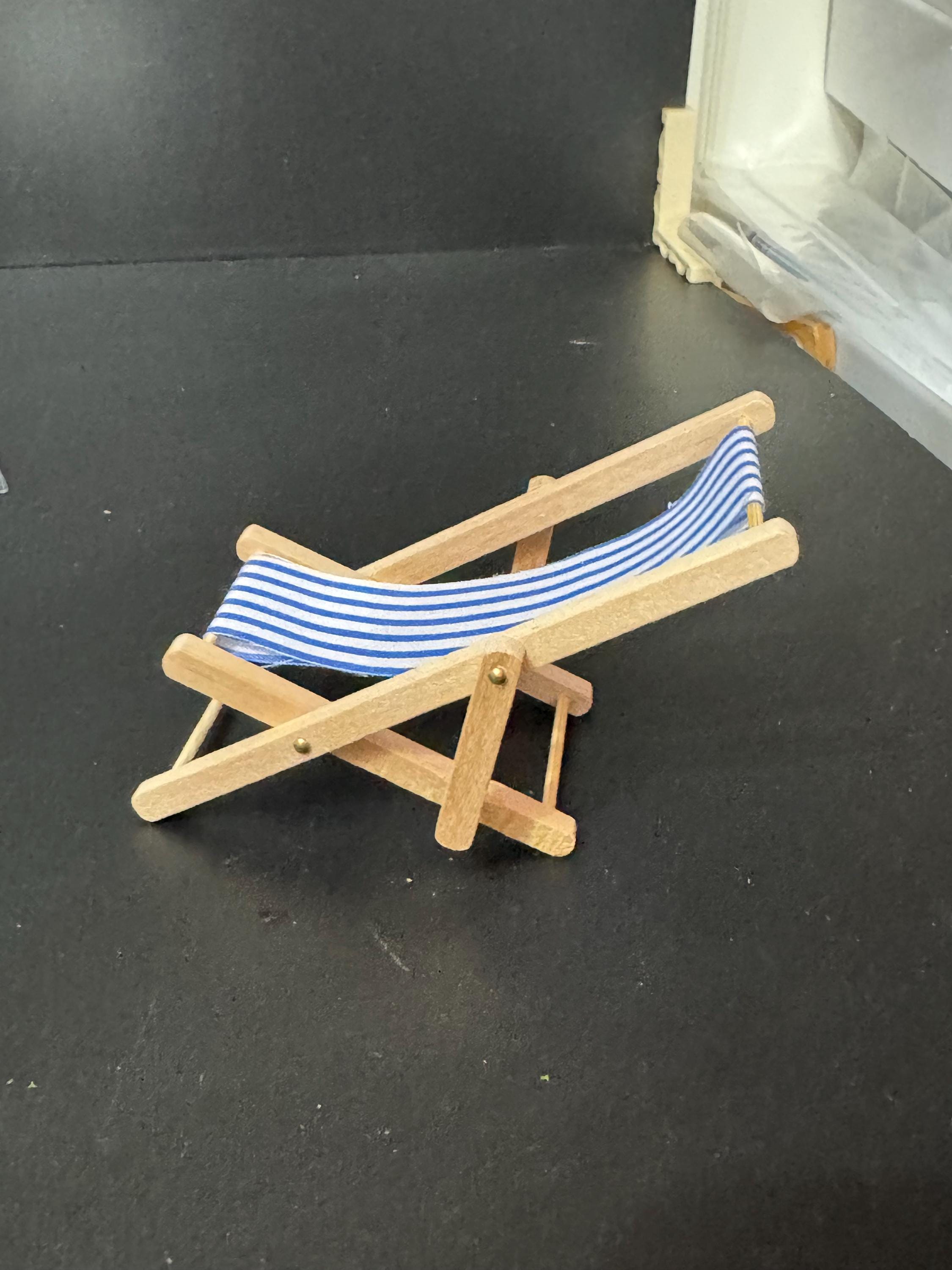 miniature wooden blue and white beach striped folding deckchair seaside cake topper decoration nautical