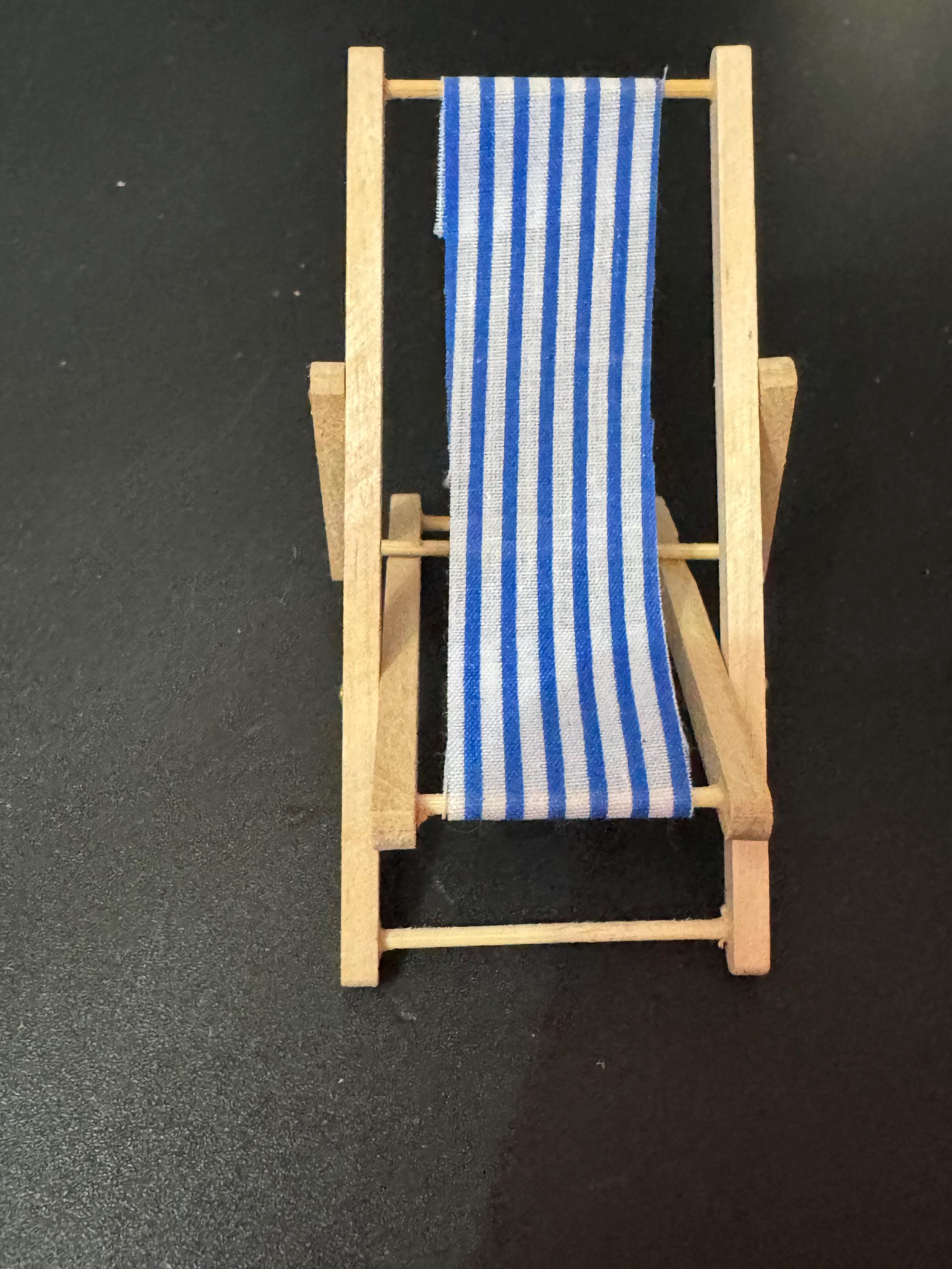 miniature wooden blue and white beach striped folding deckchair seaside cake topper decoration nautical