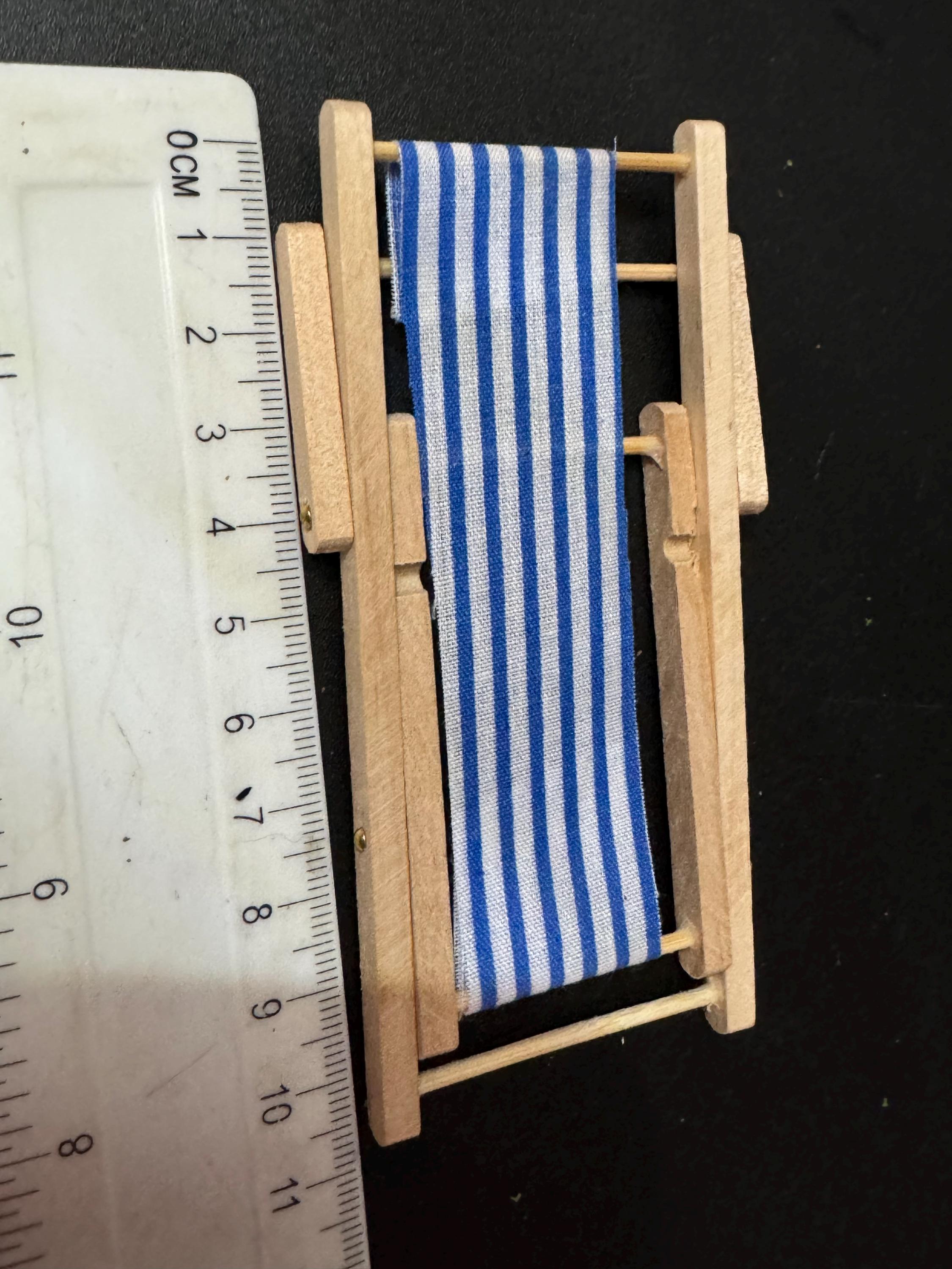 miniature wooden blue and white beach striped folding deckchair seaside cake topper decoration nautical