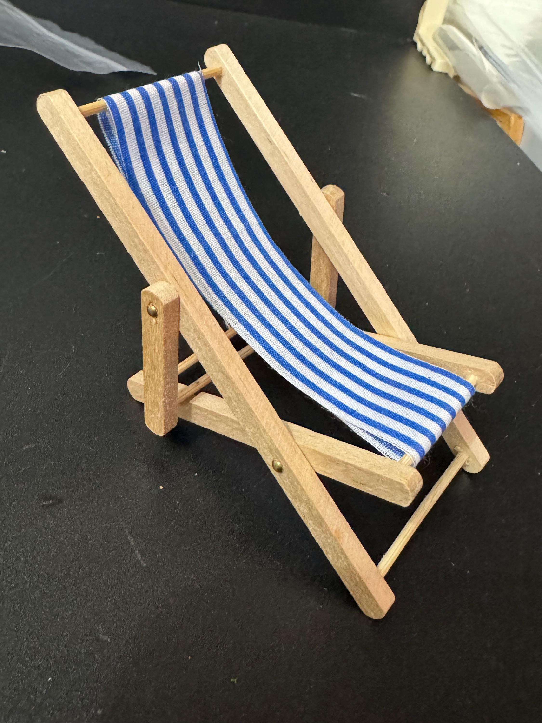 miniature wooden blue and white beach striped folding deckchair seaside cake topper decoration nautical