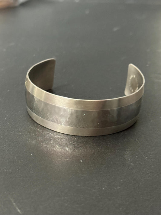 Brutalist stainless steel modernist bangle bracelet vintage retro 1970s modernist period cuff silver planished metal