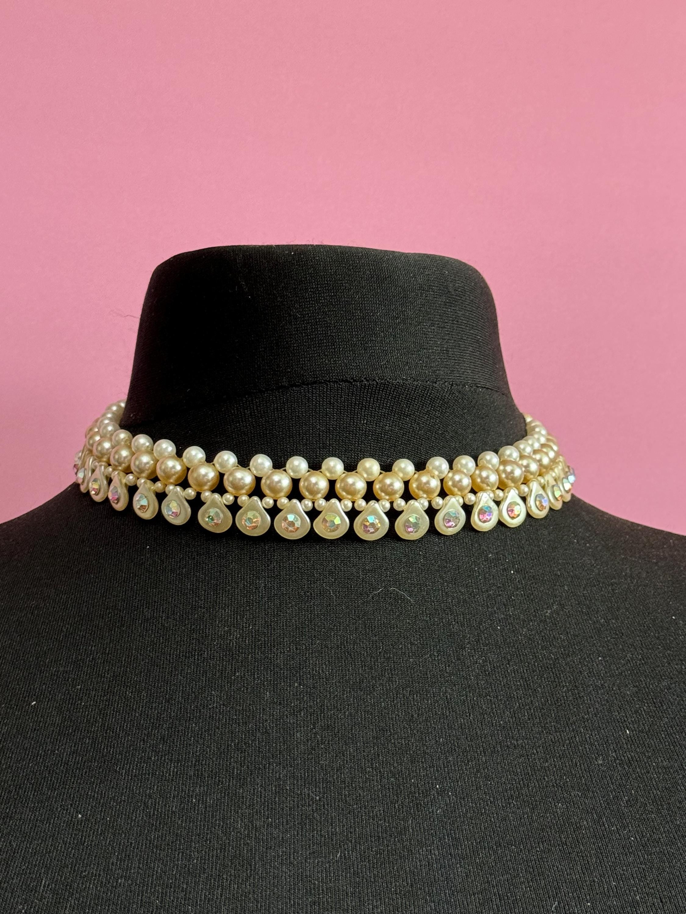 Vintage faux white glass round pearl woven ab diamanté choker collar necklace