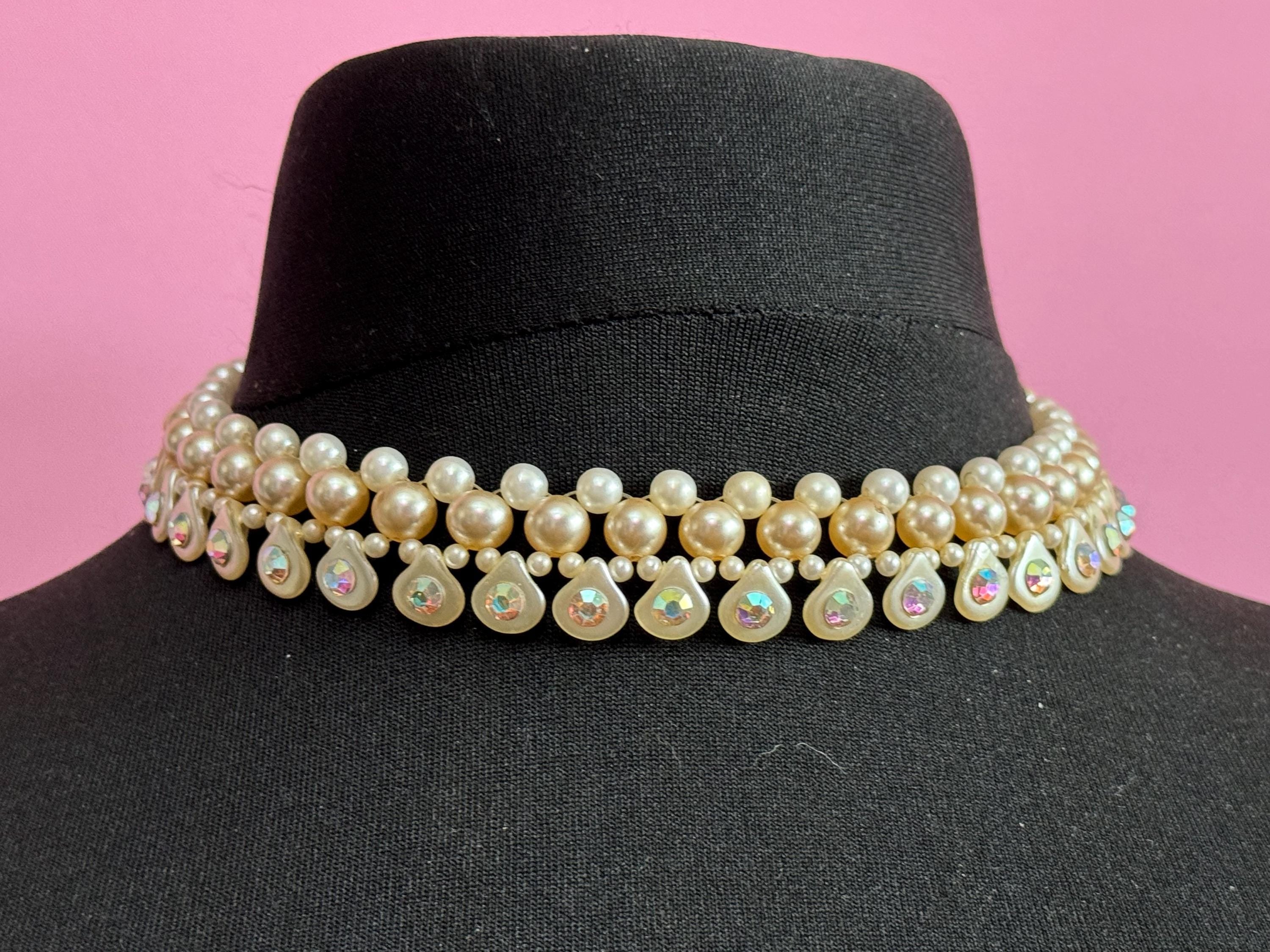 Vintage faux white glass round pearl woven ab diamanté choker collar necklace