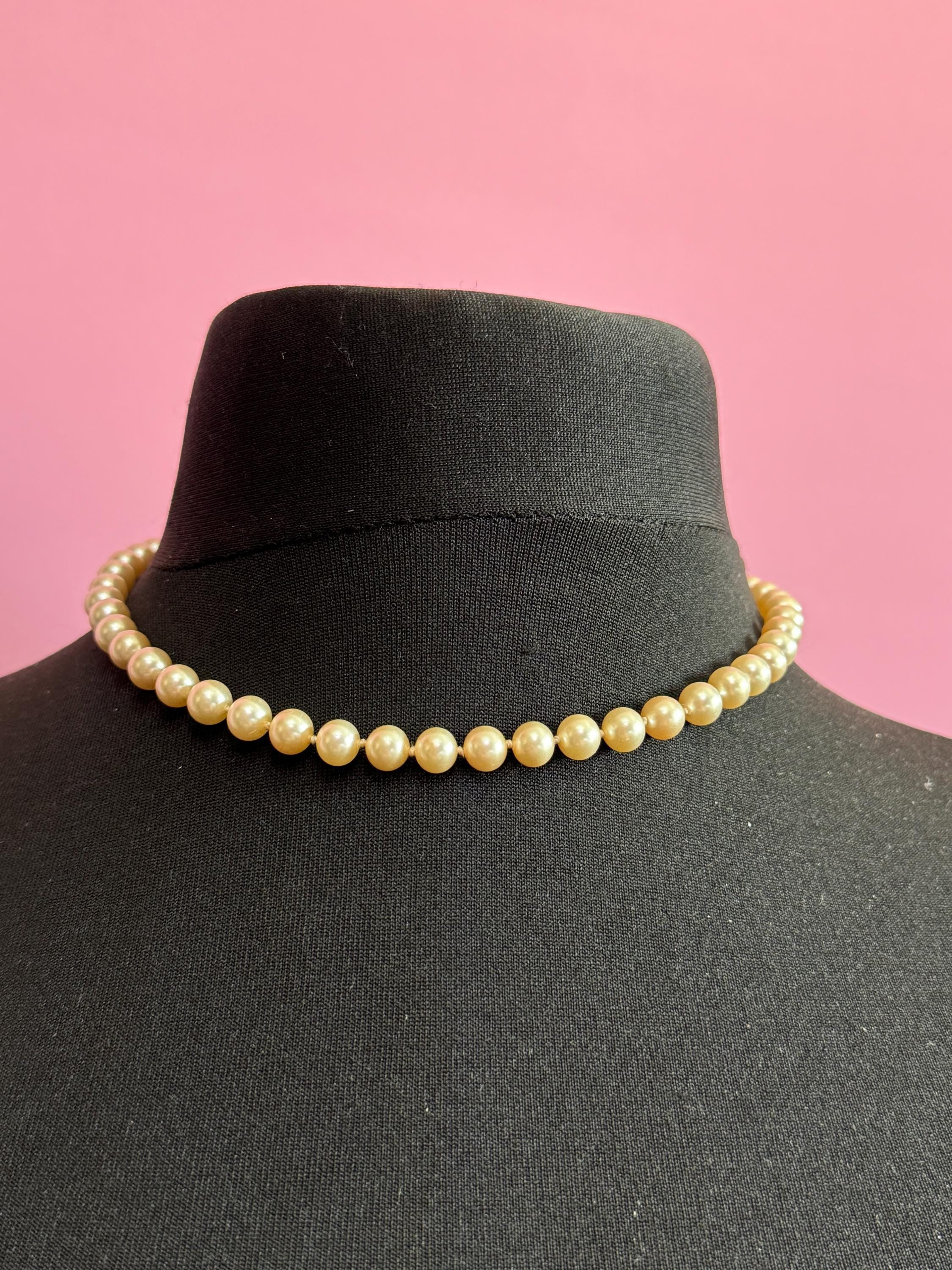 vintage single strand cream glass pearl necklace with ornate 925 sterling silver clasp 44cm