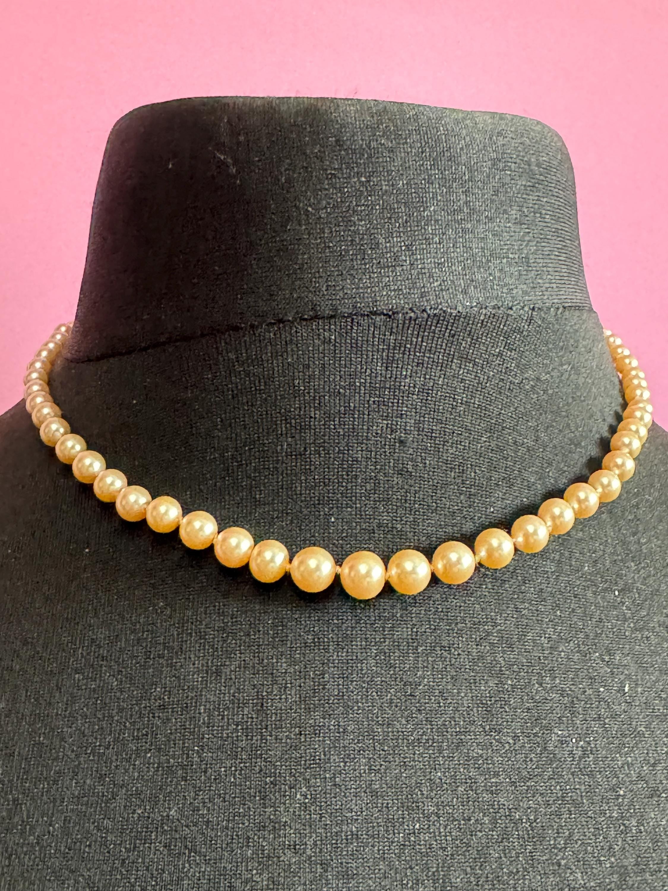 Signed lotus oyster cream glass pearl long beaded necklace on 925 silver clasp 43cm knotted