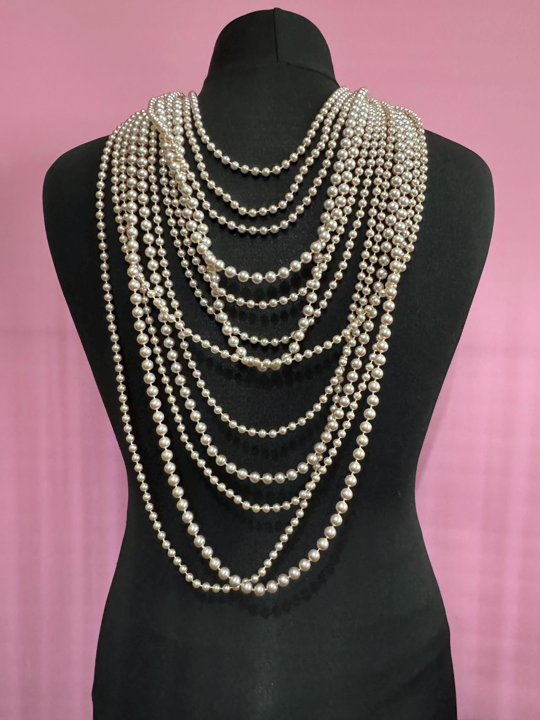 retro statement Ivory cream plastic beaded Pearl multi strand waterfall necklace with silver tone clasp showstopper