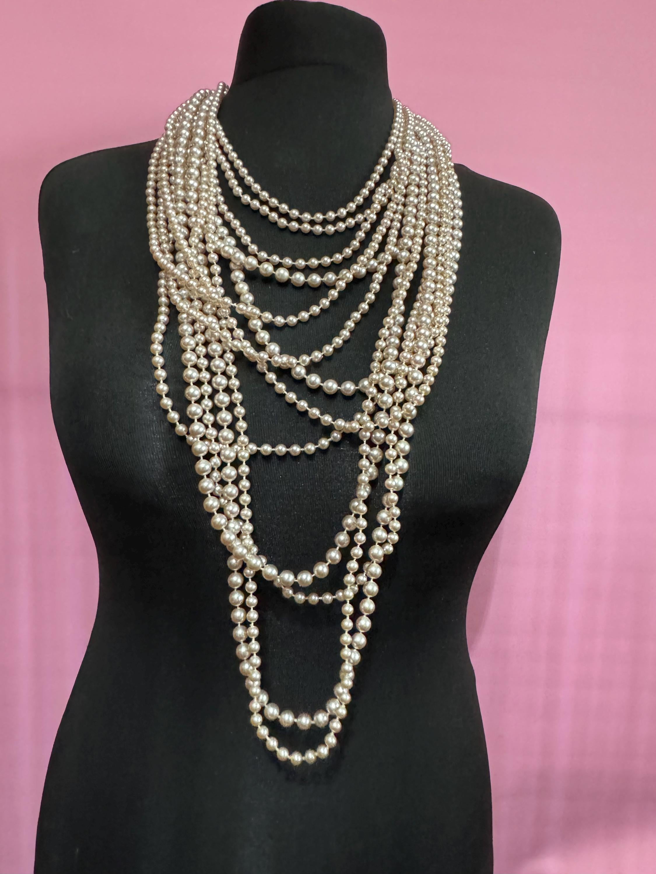 retro statement Ivory cream plastic beaded Pearl multi strand waterfall necklace with silver tone clasp showstopper