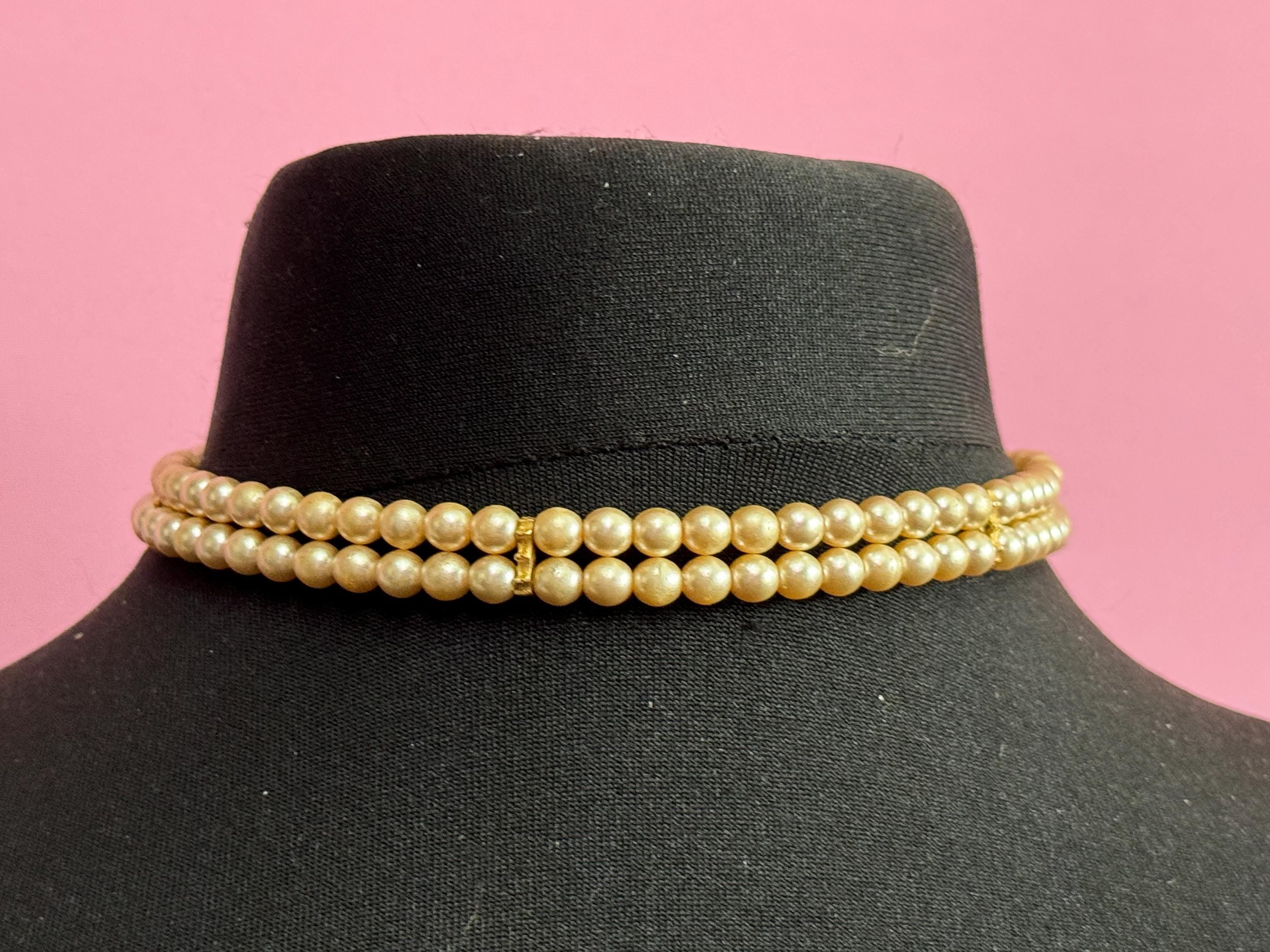 vintage 2 row double strand glass Pearl choker necklace cream 33-41cm gold tone spring ring clasp