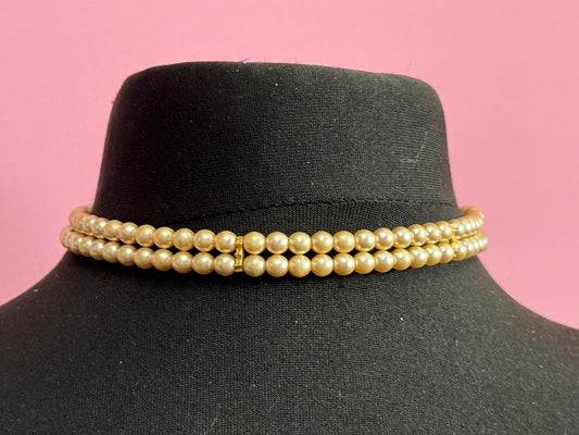 vintage 2 row double strand glass Pearl choker necklace cream 33-41cm gold tone spring ring clasp