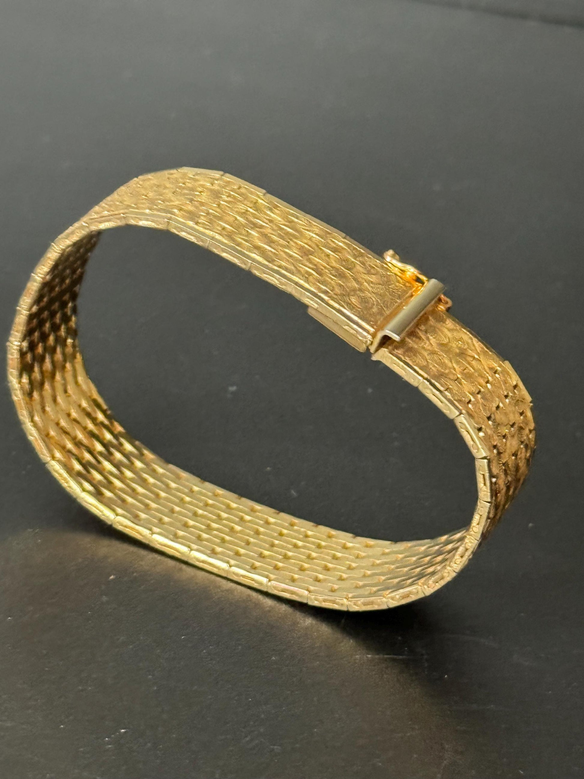 1970s stamped gold plated flat articulated cuff bracelet 18.5cm x 15mm wide