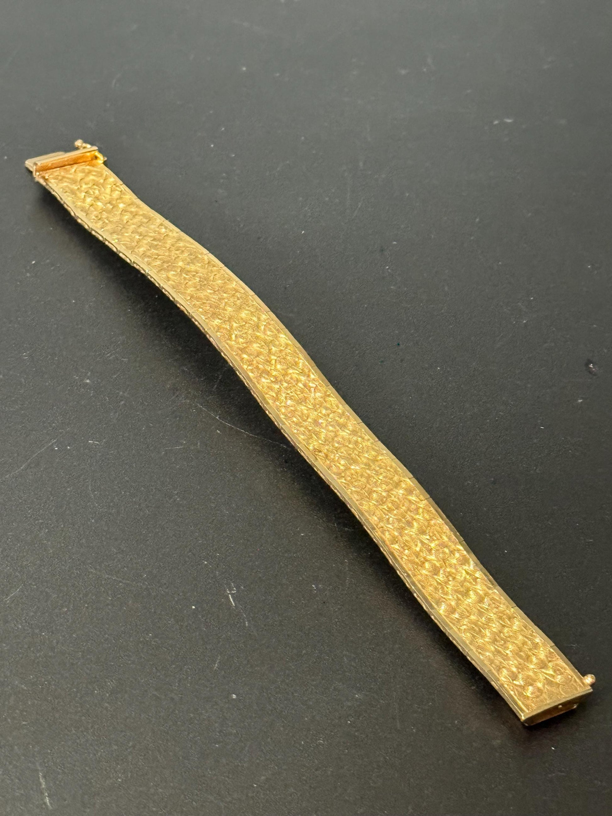 1970s stamped gold plated flat articulated cuff bracelet 18.5cm x 15mm wide