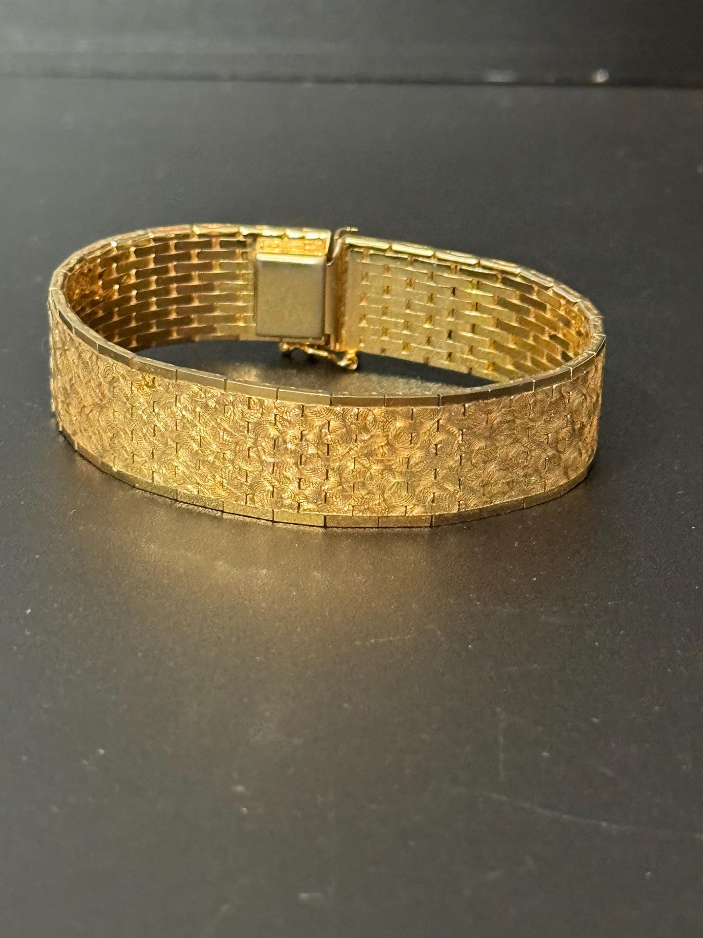 1970s stamped gold plated flat articulated cuff bracelet 18.5cm x 15mm wide