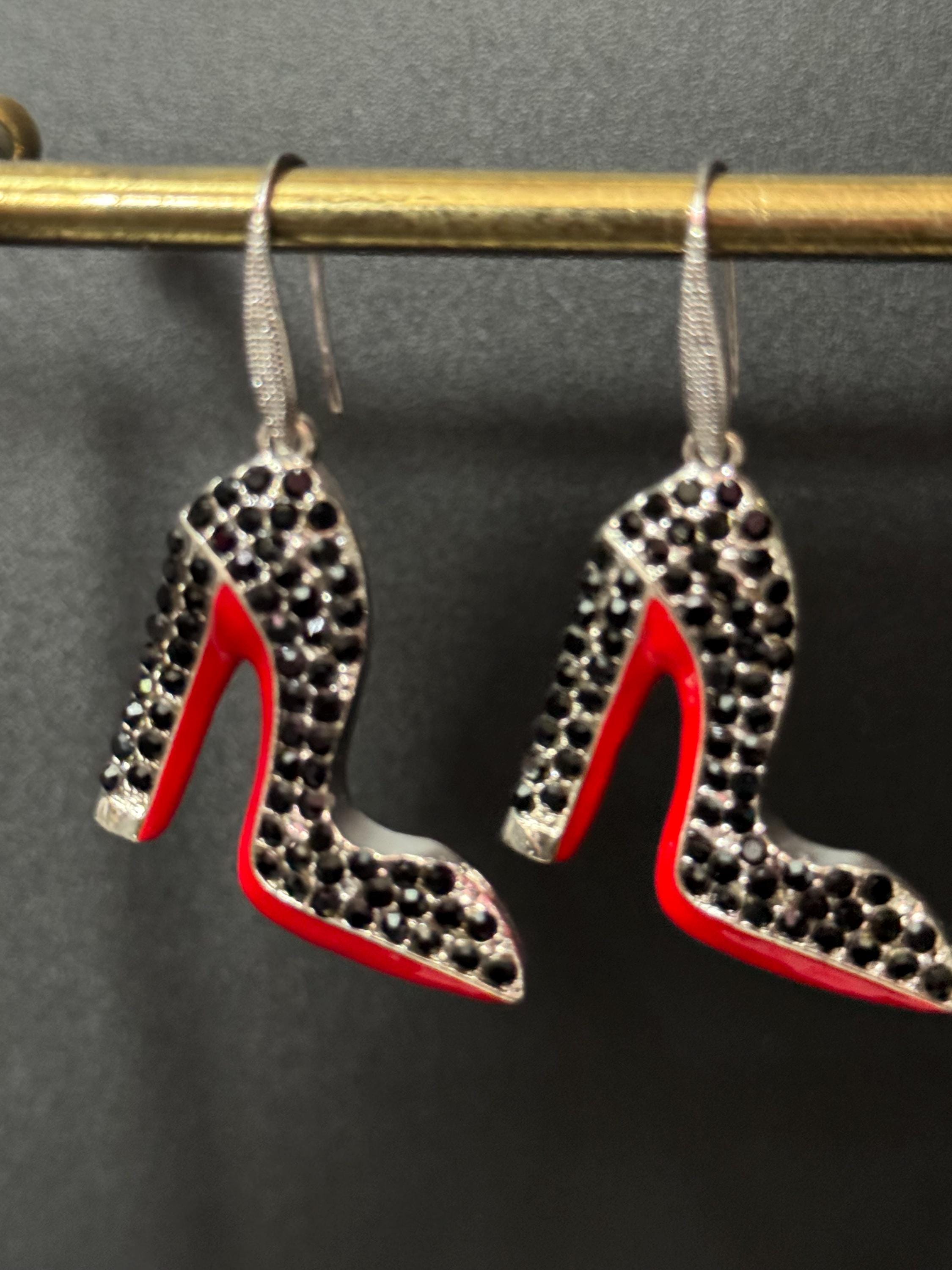 Silver and enamel red soled black diamanté designer inspired stiletto high heel shoe drop earrings pair