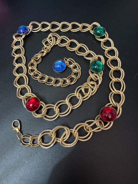 Retro true 1990s gold tone Gripoix style red green blue Austrian cabochon chain belt Designer inspired old shop stock