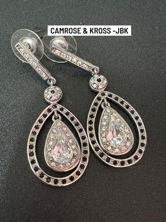 Vintage signed JBK camrose and Kross designer silver rhinestone open work dangly teardrop earrings for pierced ears 5cm