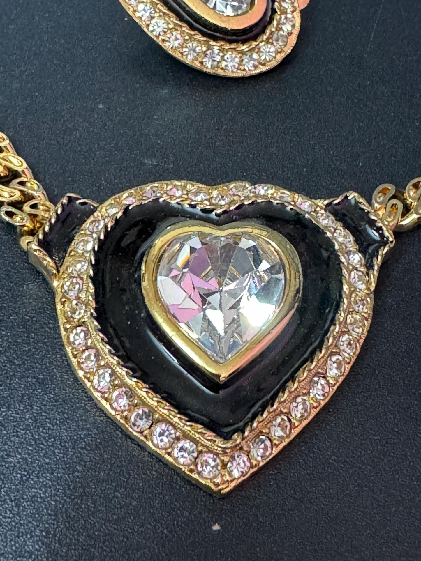 40cm Vintage black clear genuine Swarovski crystal love heart gold tone necklace and oversized clip on earrings jewellery set