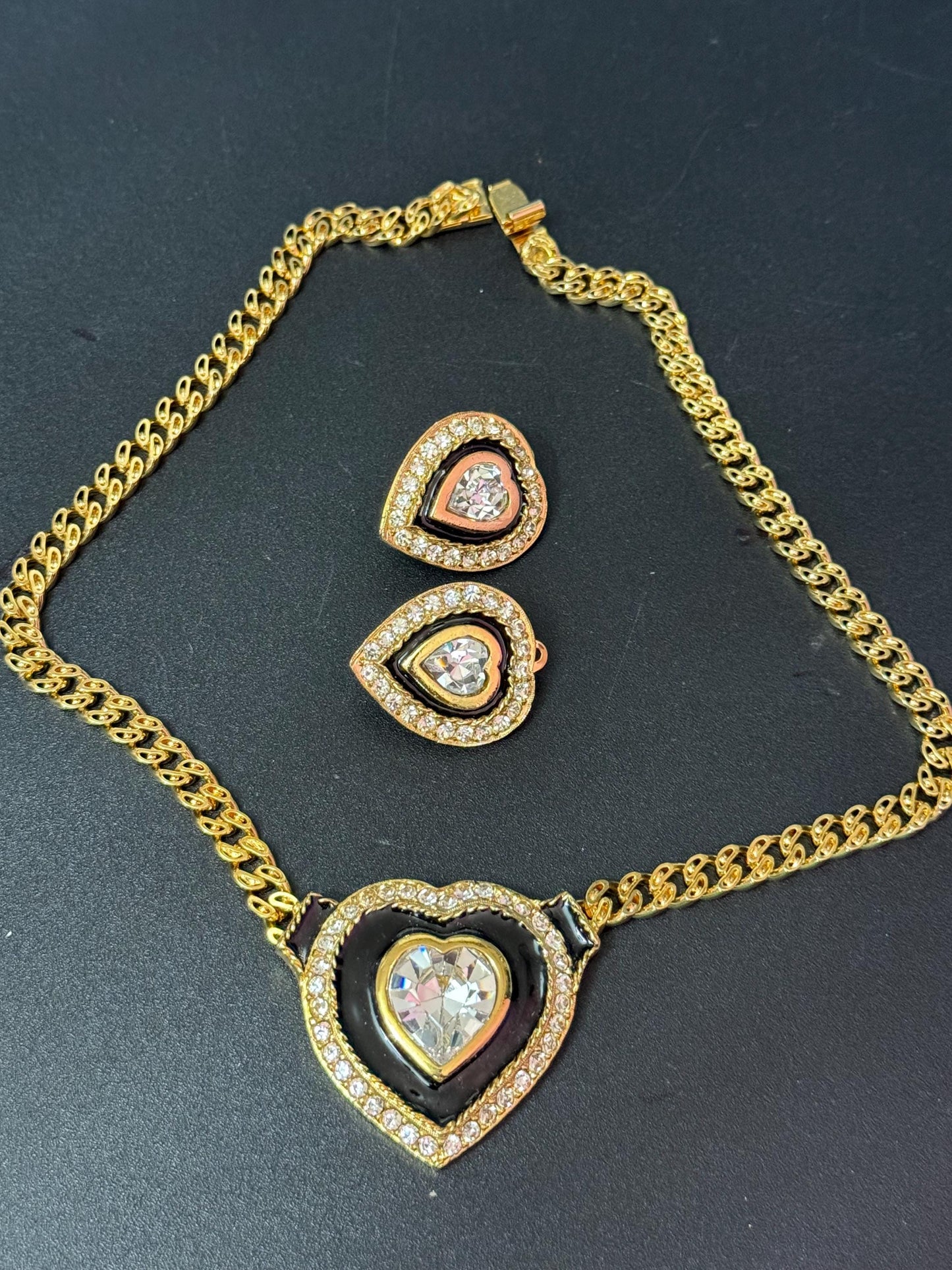 40cm Vintage black clear genuine Swarovski crystal love heart gold tone necklace and oversized clip on earrings jewellery set