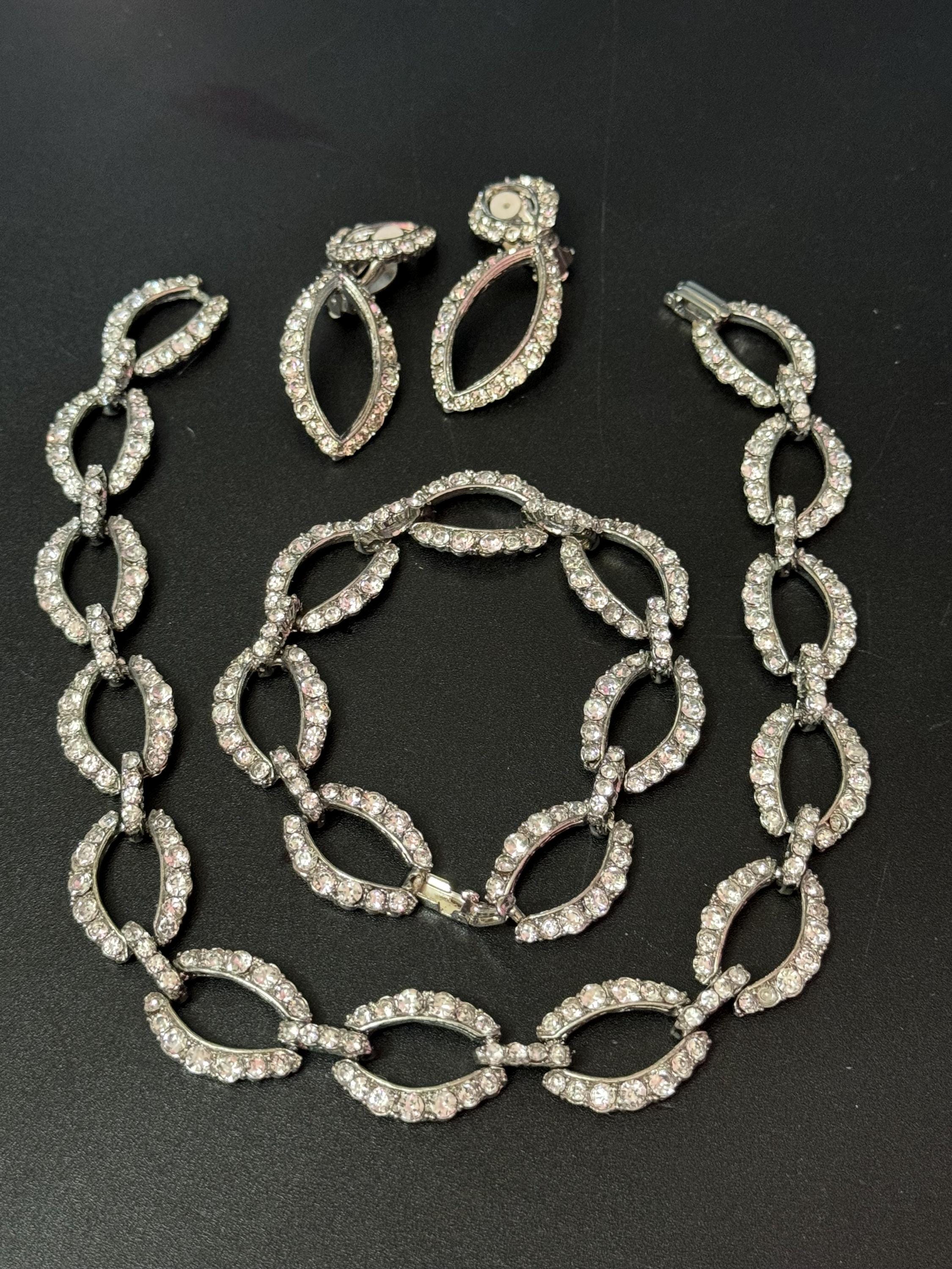 Vintage silver tone clear diamanté rhinestone wide choker necklace bracelet and long drop clip on earring matching set