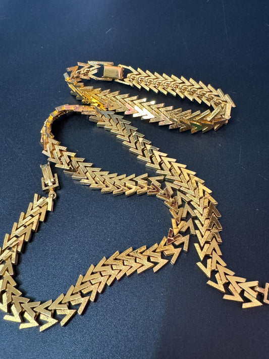 vintage gold tone zig zag wide chain link necklace and bracelet jewellery set N42cm b 19.5cm