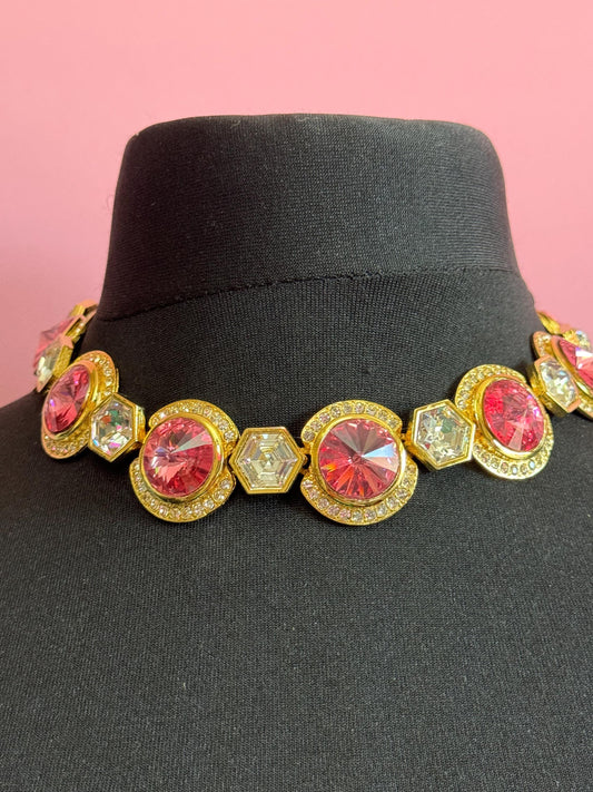 High end Vintage Swarovski Crystal gold tone pink and clear rivoli set rhinestone wide statement choker necklace old shop stock