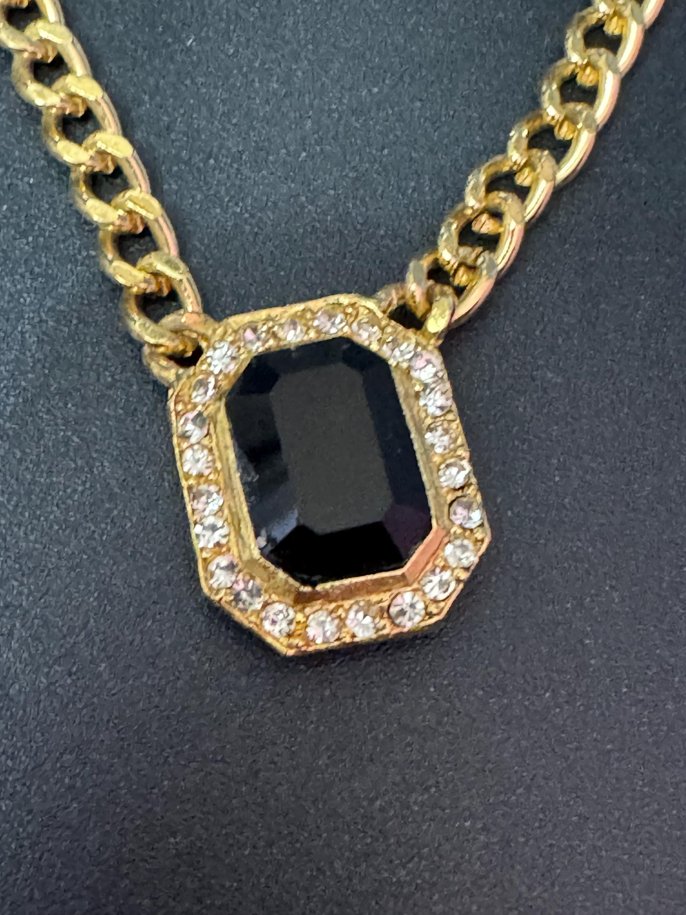 Vintage 1980s Swarovski crystal set black and clear diamanté octagonal pendant necklace gold tone high end old shop stock