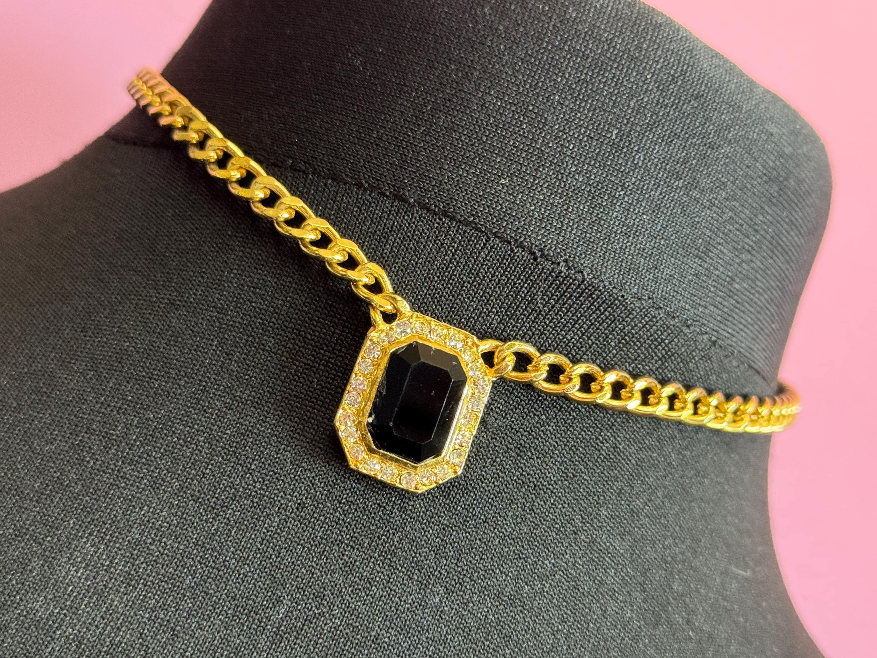 Vintage 1980s Swarovski crystal set black and clear diamanté octagonal pendant necklace gold tone high end old shop stock