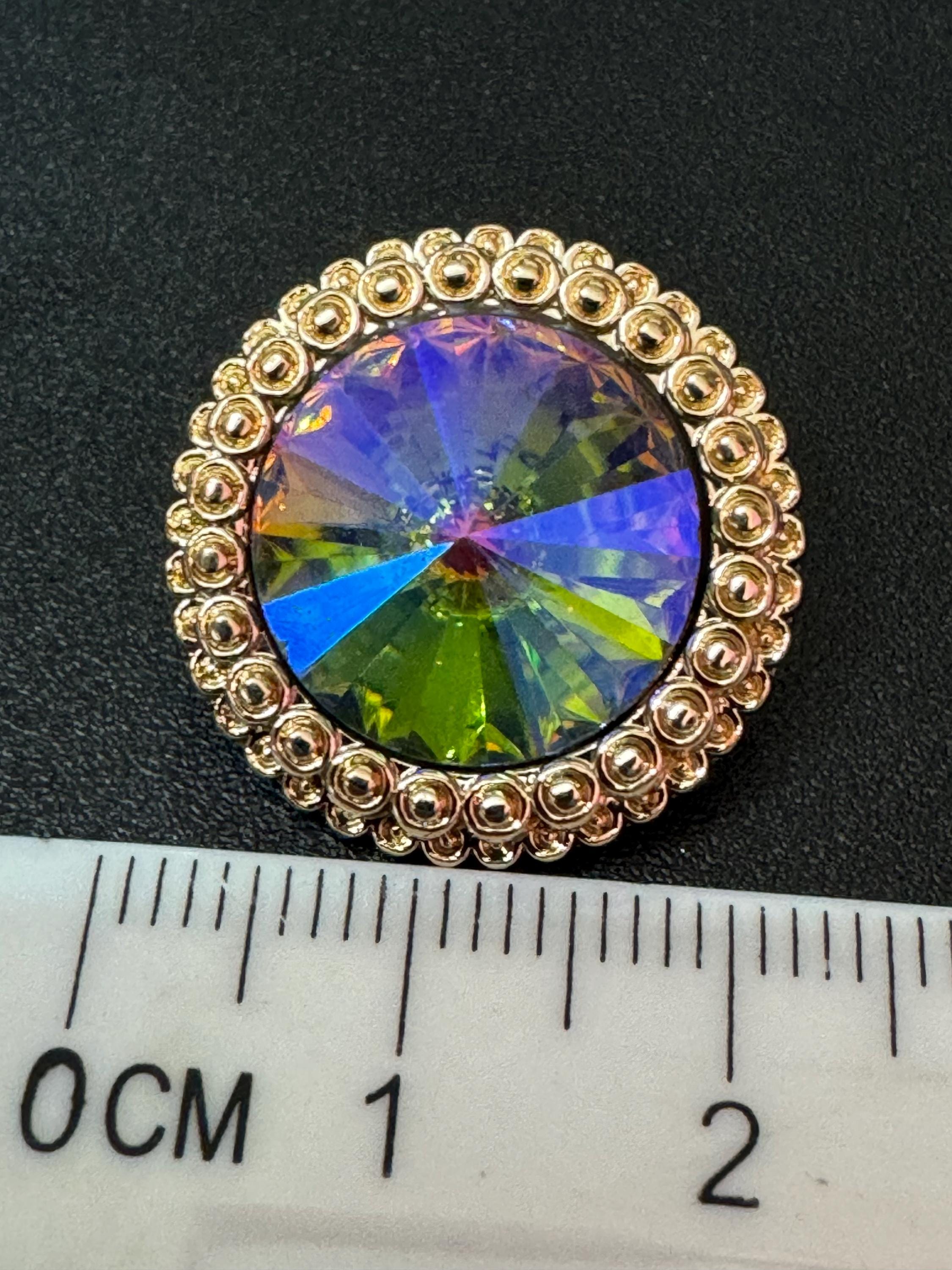 21mm RAINBOW multicolour Rivoli Crystal glass buttons,pack of 5, gold tone metal 20mm