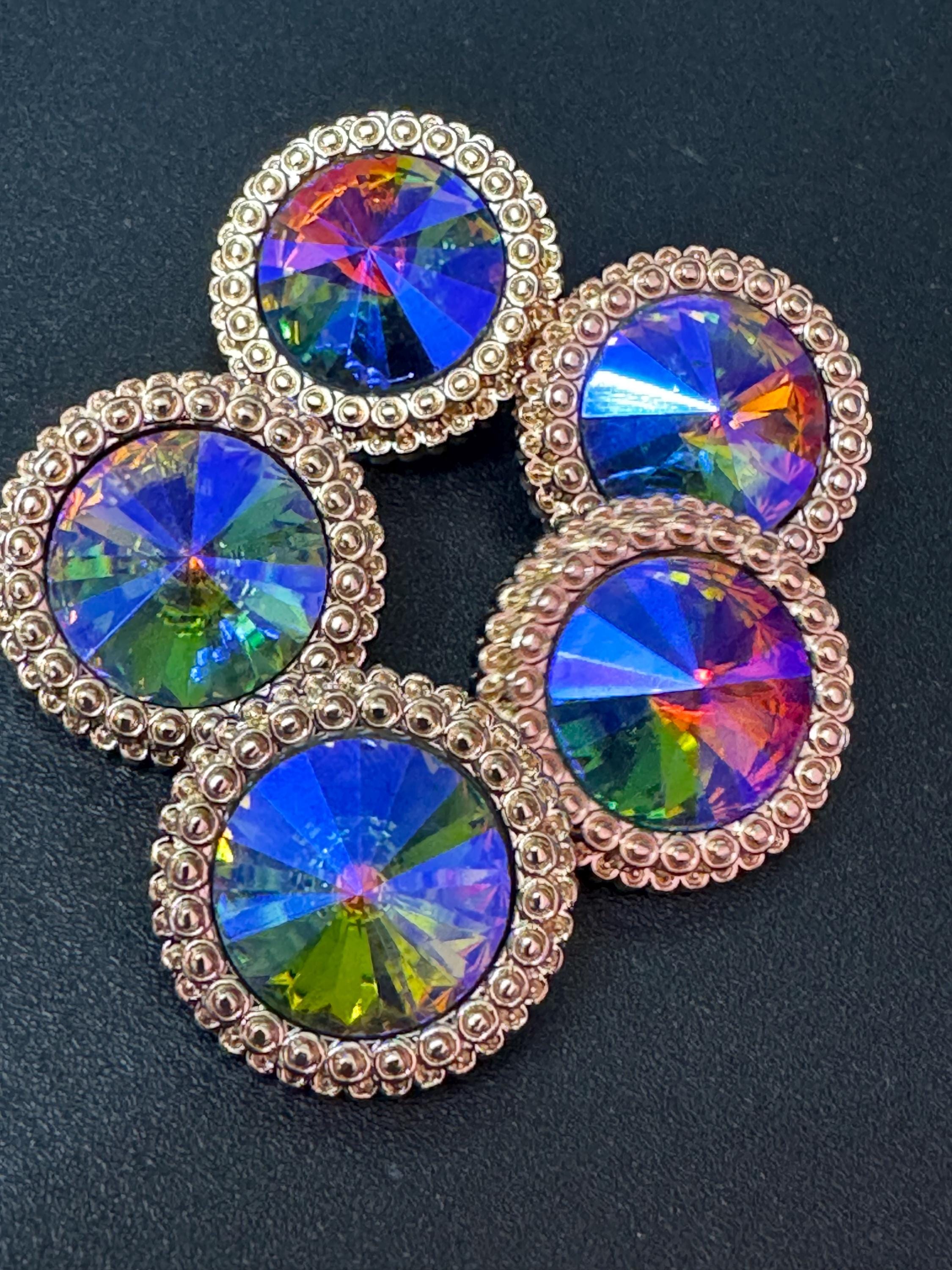 21mm RAINBOW multicolour Rivoli Crystal glass buttons,pack of 5, gold tone metal 20mm