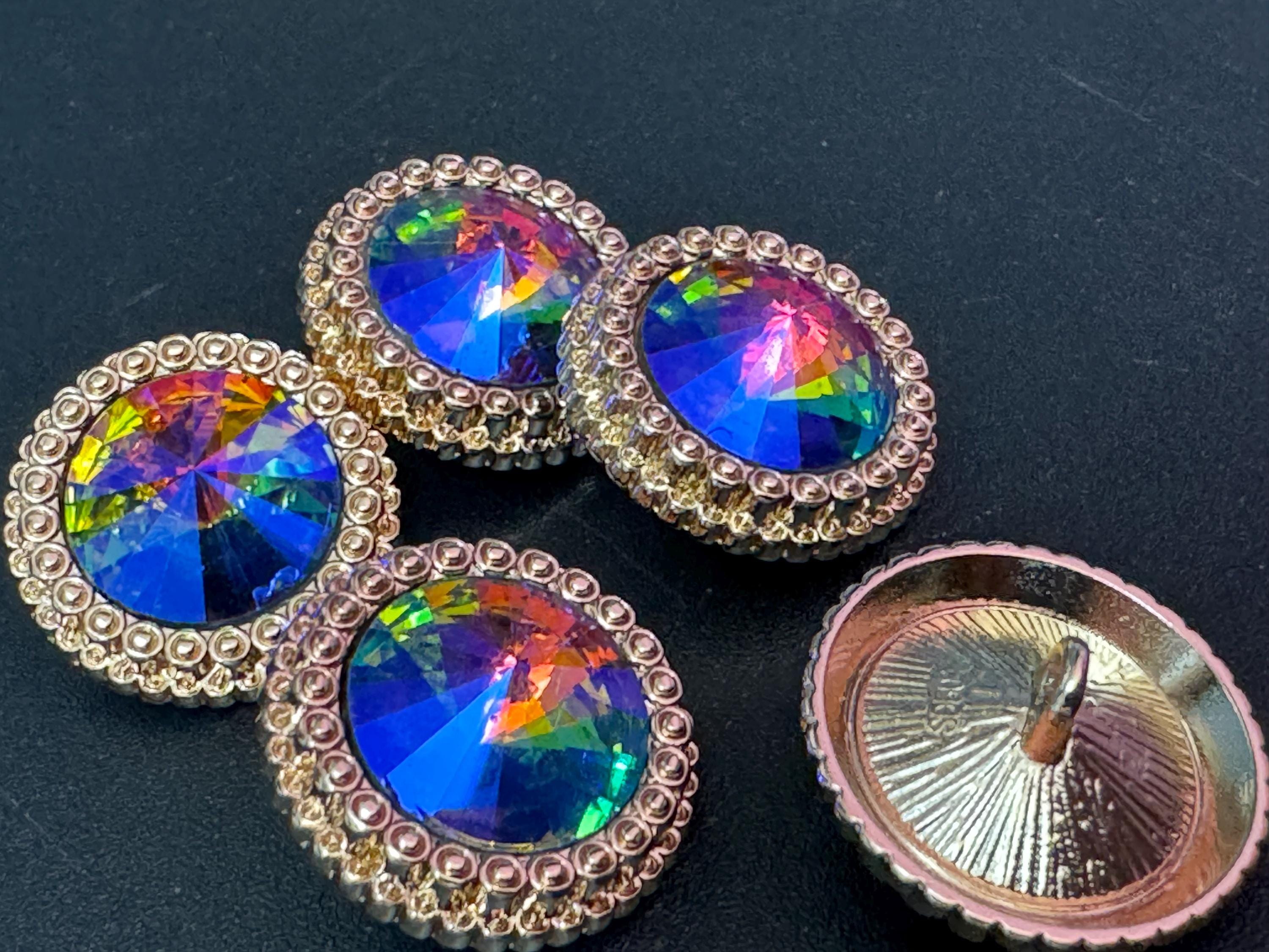 21mm RAINBOW multicolour Rivoli Crystal glass buttons,pack of 5, gold tone metal 20mm