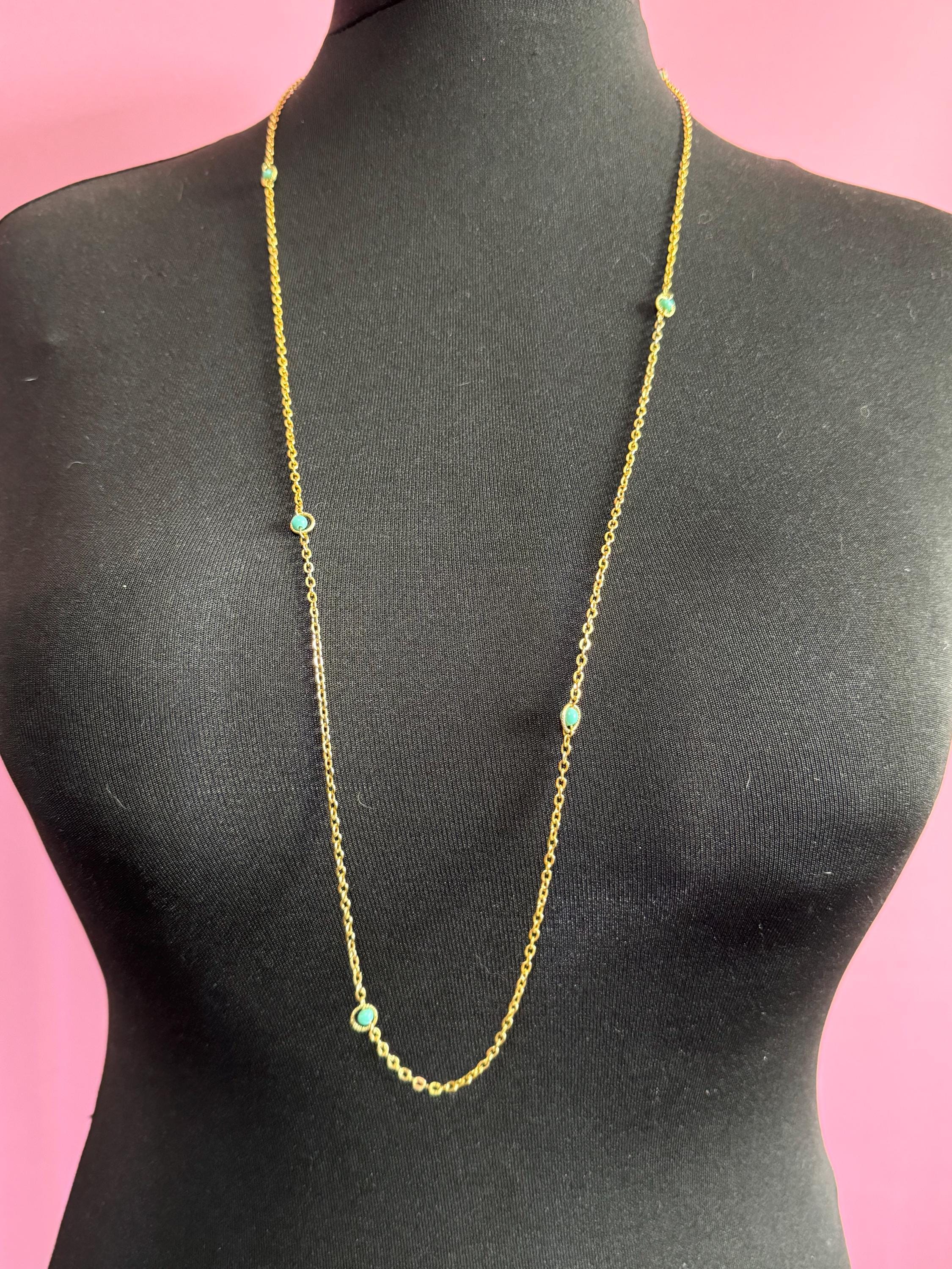 28” 95cm long 1980s gold plated fine turquoise beaded station necklace for layering