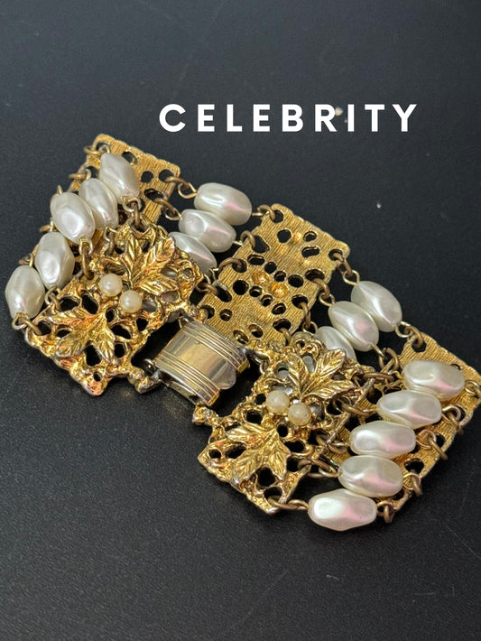 Signed Celebrity Vintage wide gold tone ornate faux pearl chain link modernist bracelet 1970s 1960s statement mid century