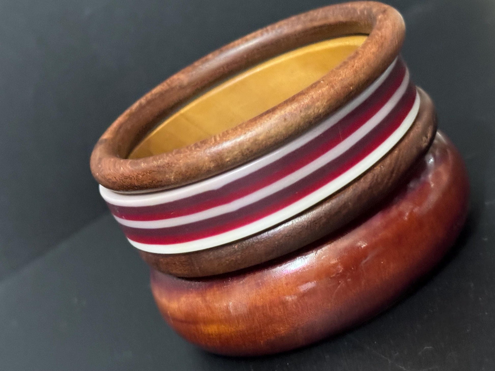 3 x vintage wooden stacking bangles in brown red natural shades ethnic tribal boho festival bracelets