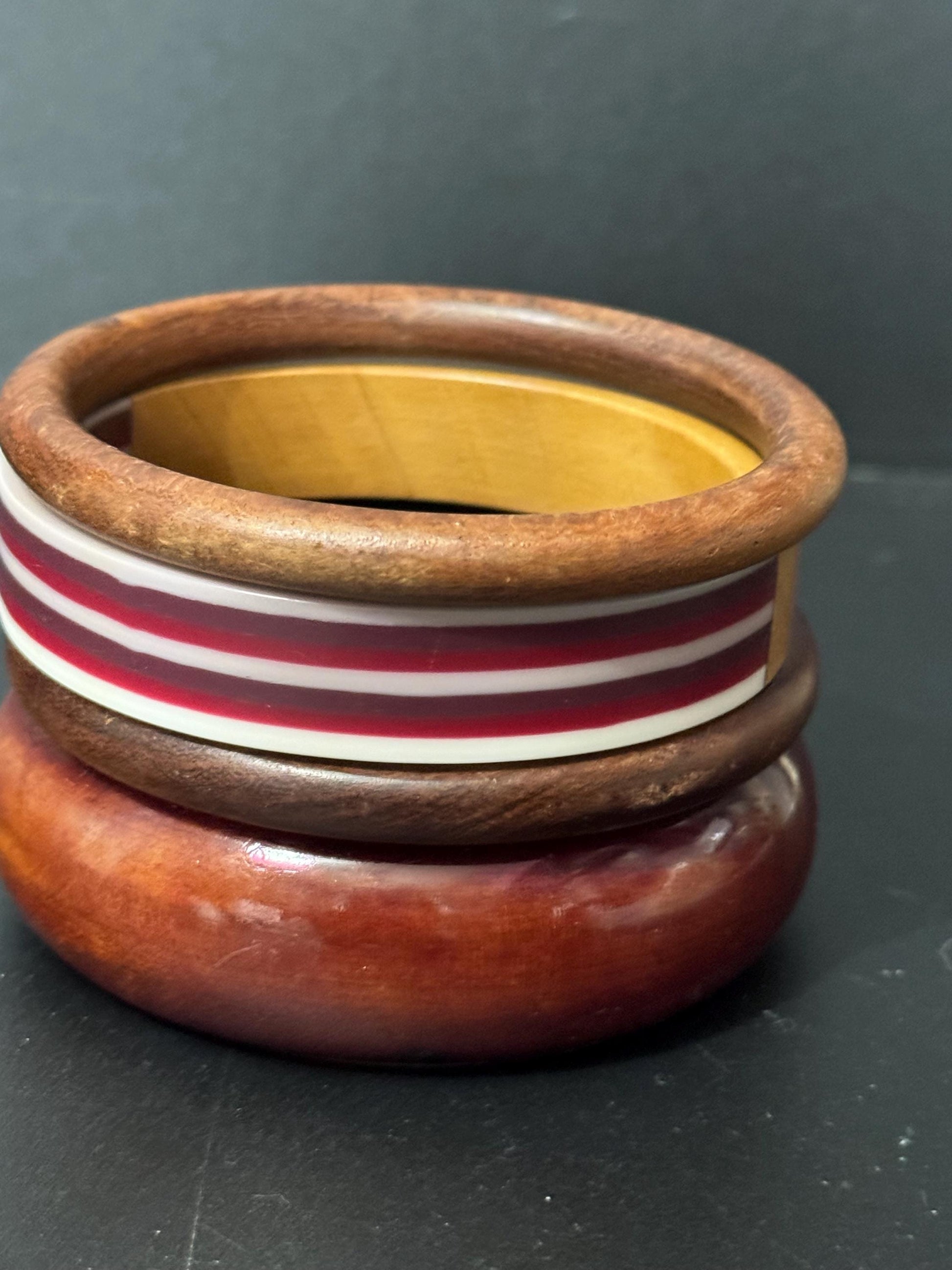 3 x vintage wooden stacking bangles in brown red natural shades ethnic tribal boho festival bracelets