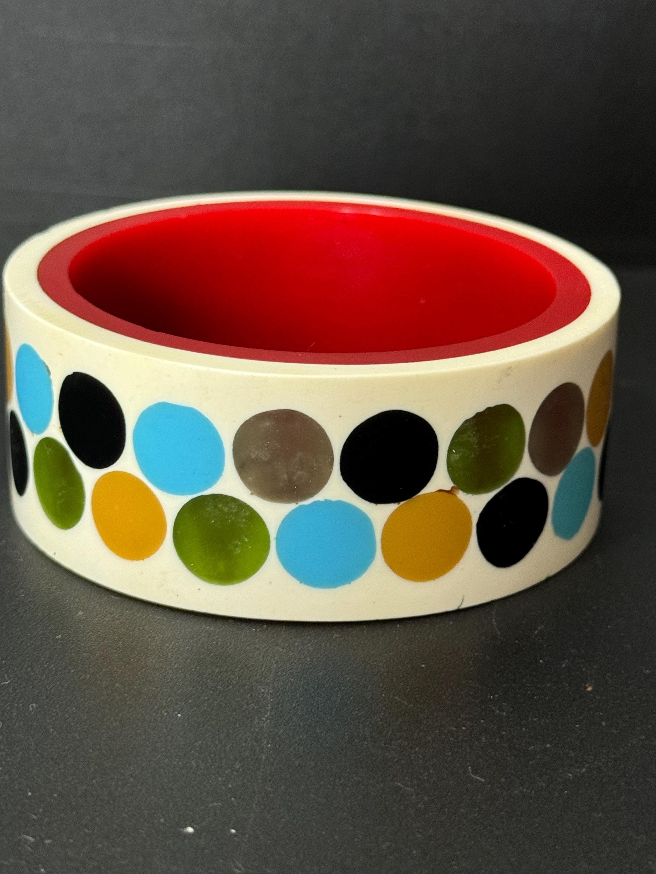 Cream vintage chunky polka dot wide acrylic plastic bangle bracelet blues browns