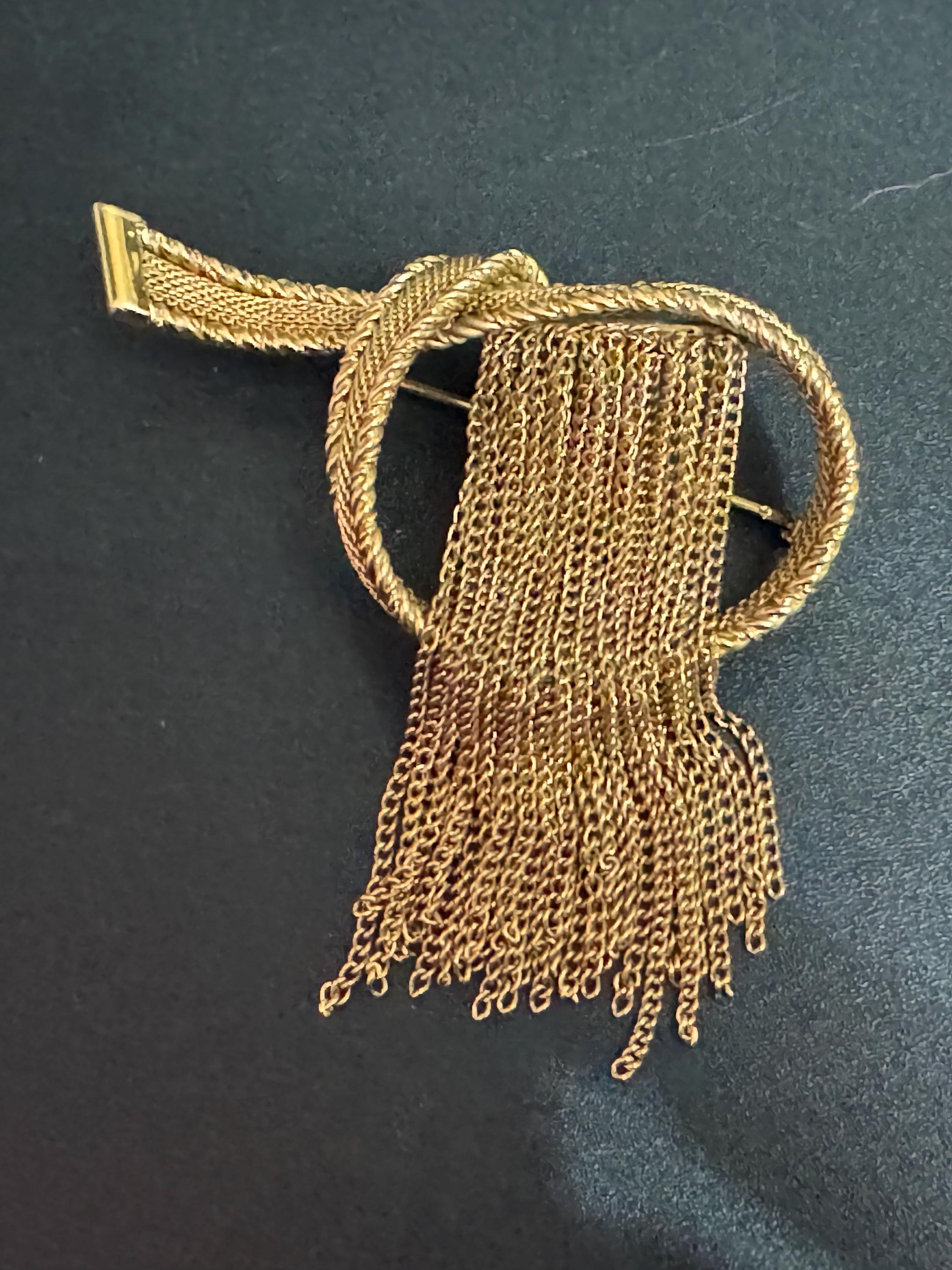 vintage gold tone chain mesh tassel brooch 1960s 1950s modernist mid century